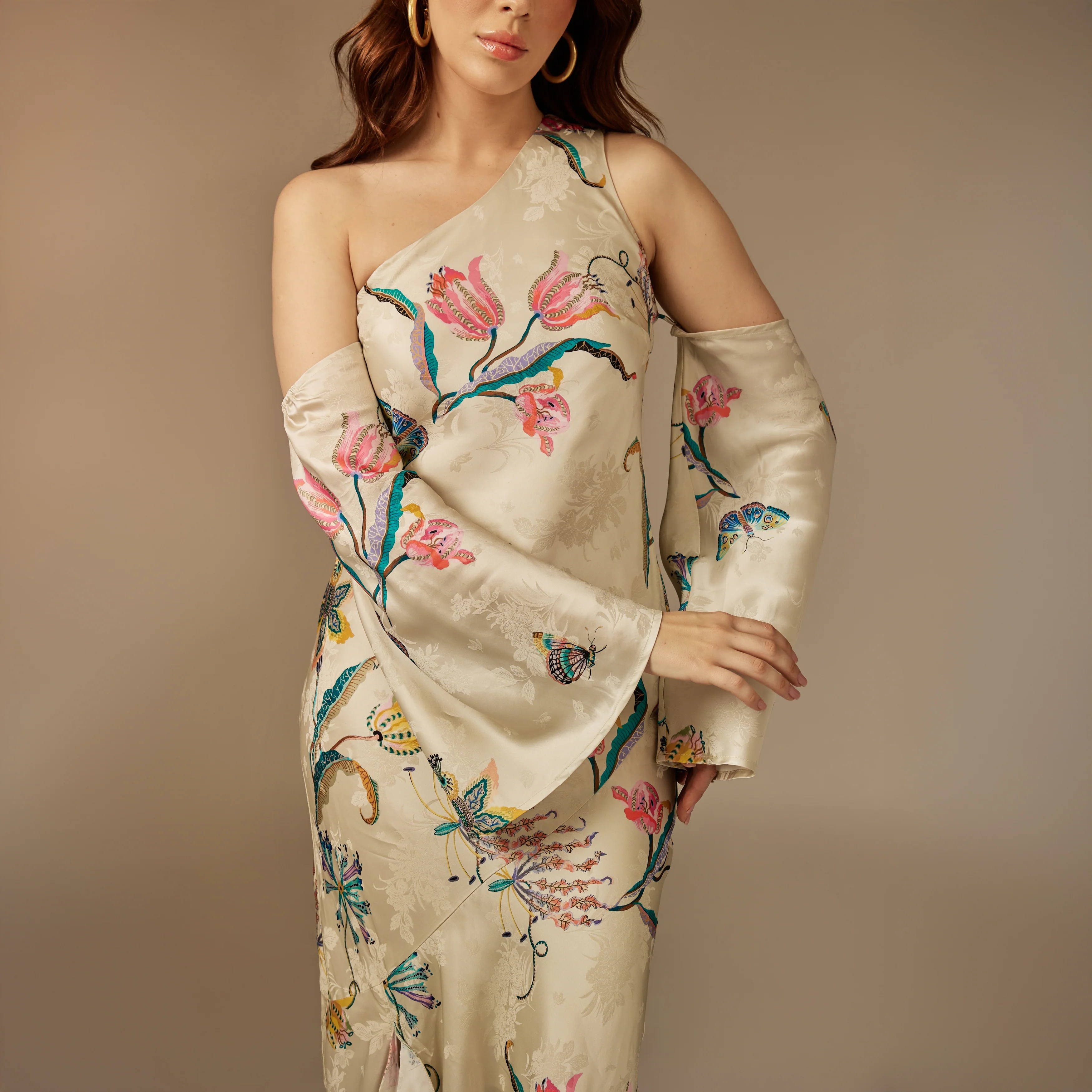 Beige Satin Jacquard Whimsical Blooms Dress - Image 6