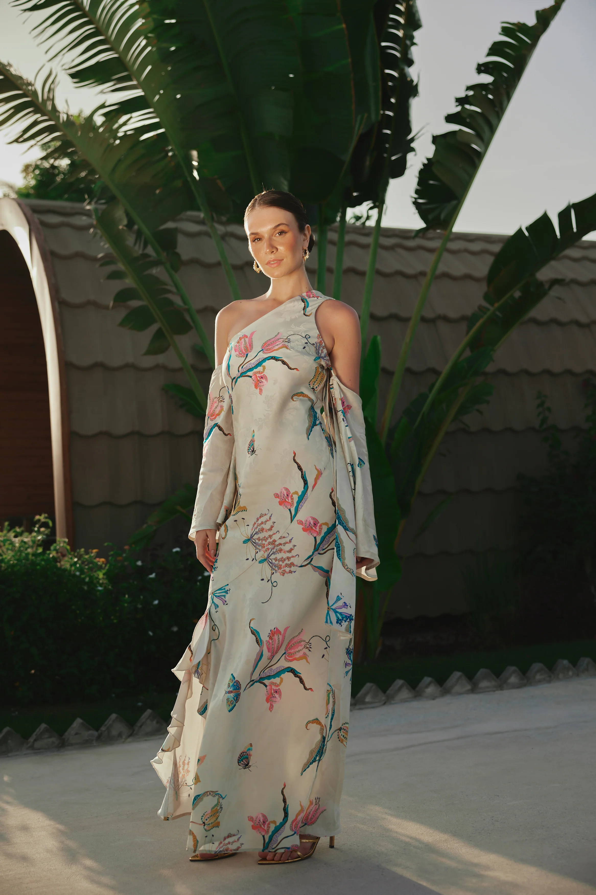 Beige Satin Jacquard Whimsical Blooms Dress - Image 7