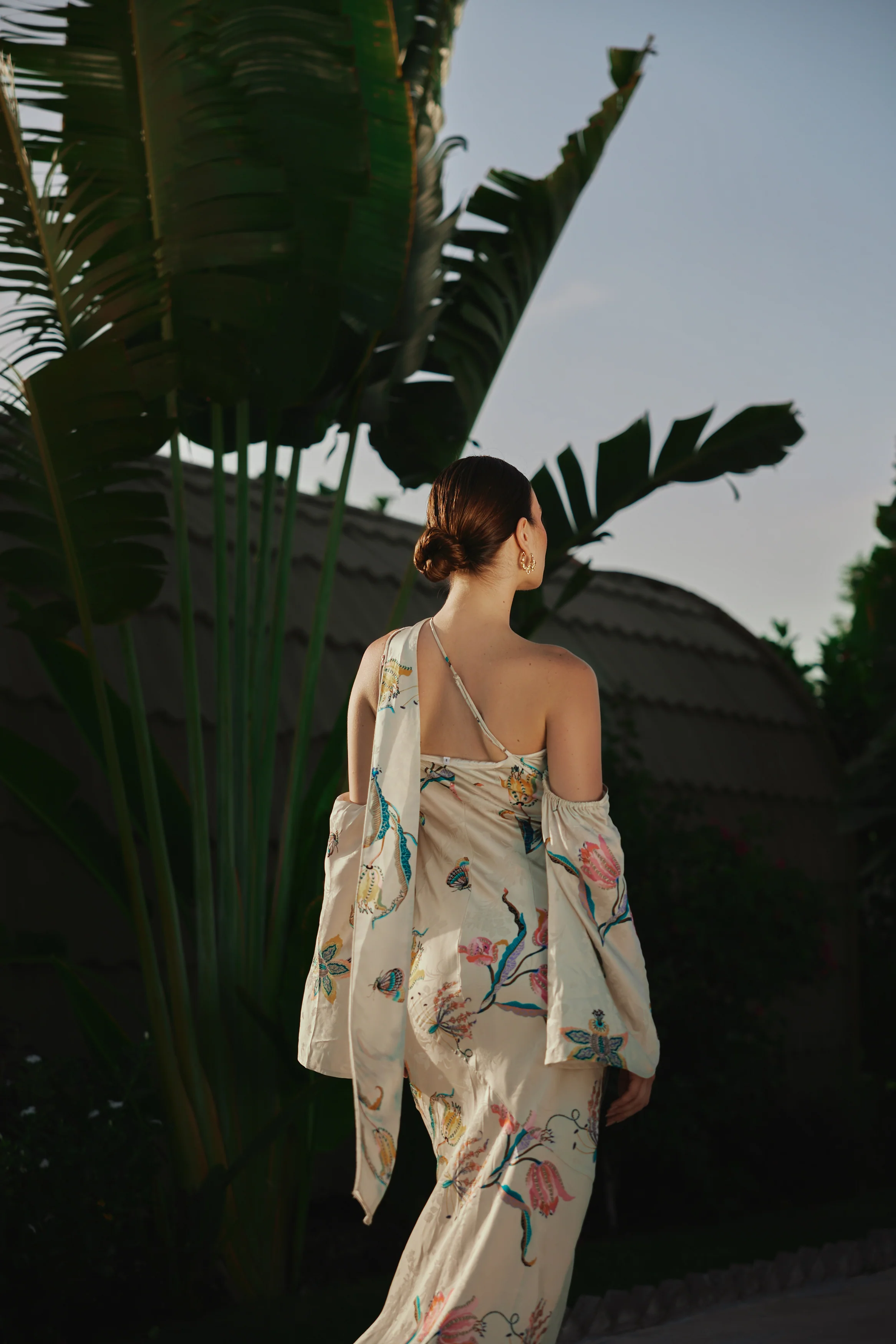 Beige Satin Jacquard Whimsical Blooms Dress - Image 8
