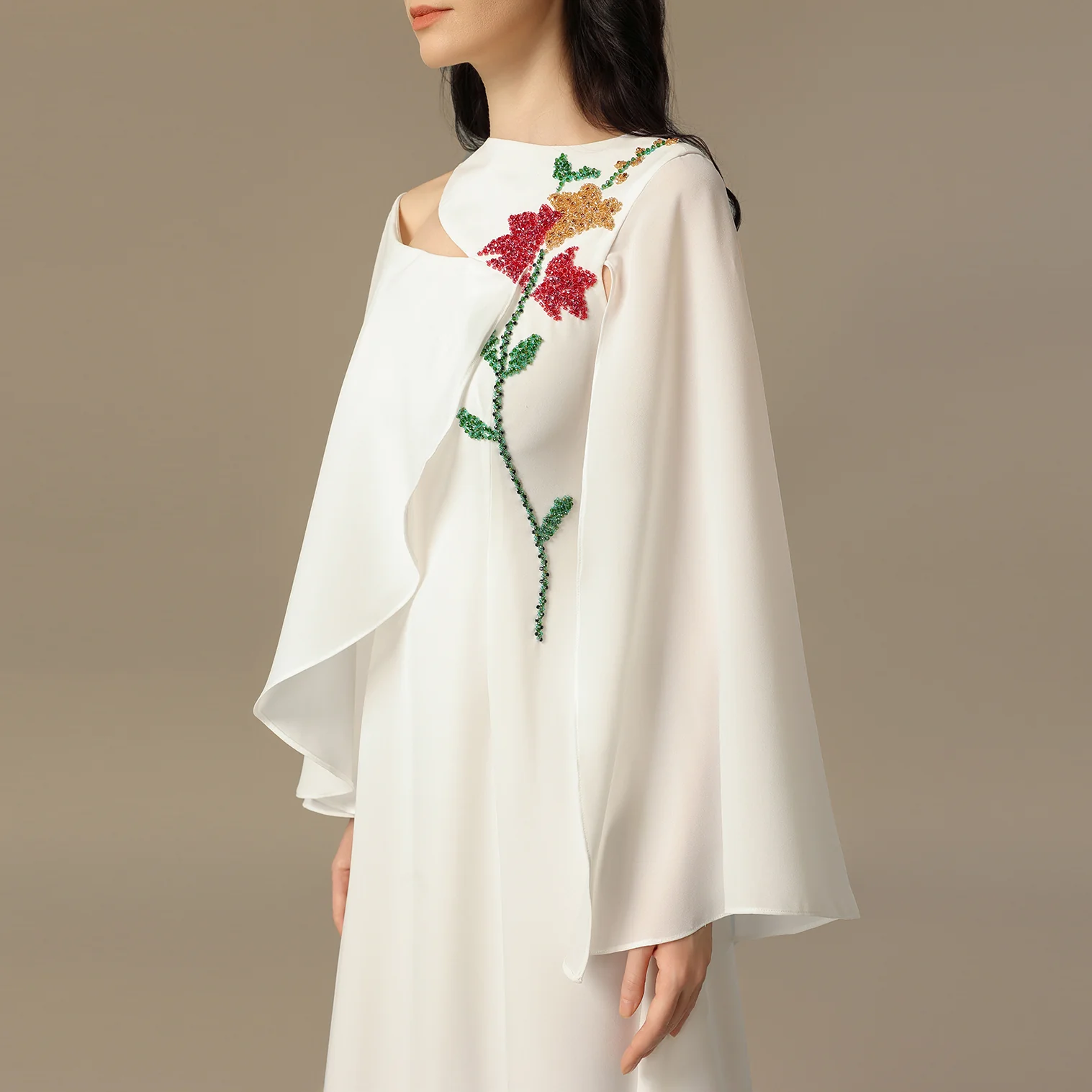 White Embroidered Cape Sleeve Crepe Dress - Image 3