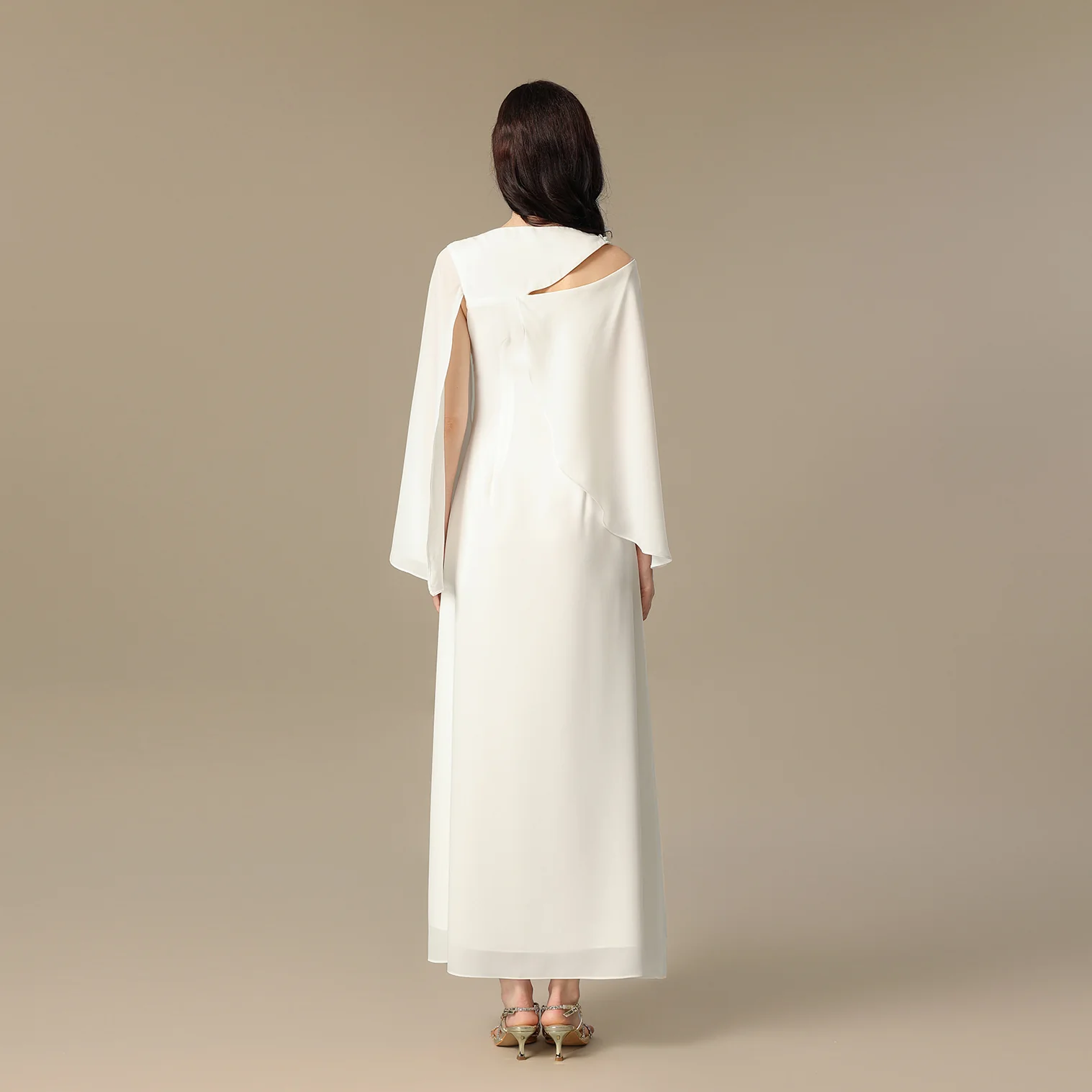 White Embroidered Cape Sleeve Crepe Dress - Image 4