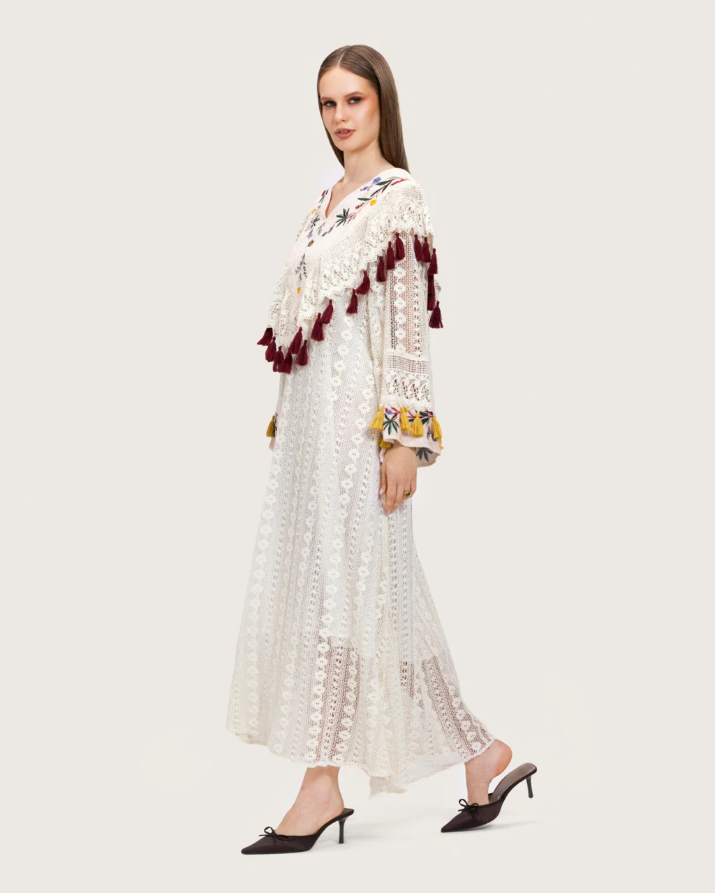White Embroidered Lace Maxi Kaftan with Handmade Tassels - Image 3