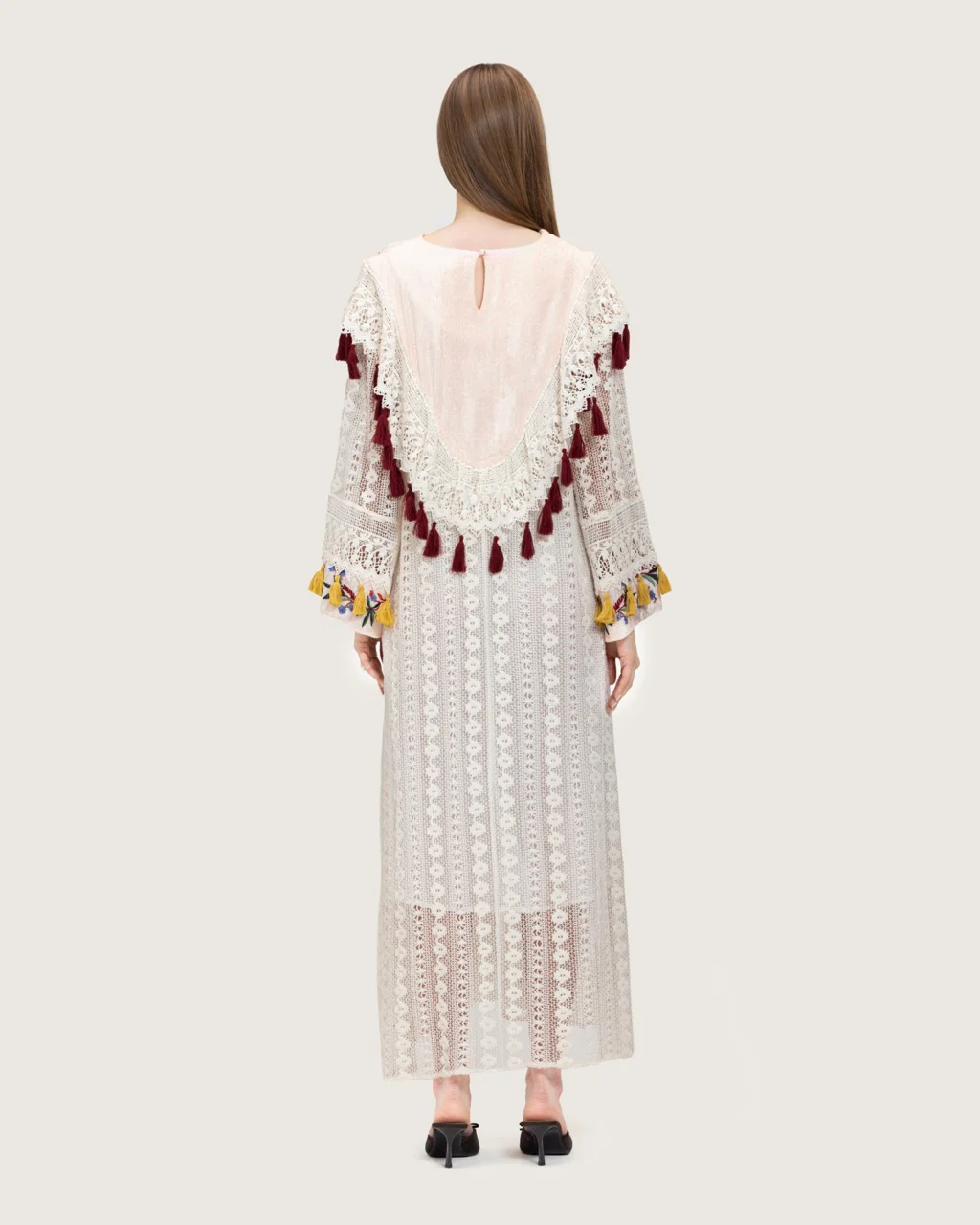 White Embroidered Lace Maxi Kaftan with Handmade Tassels - Image 4