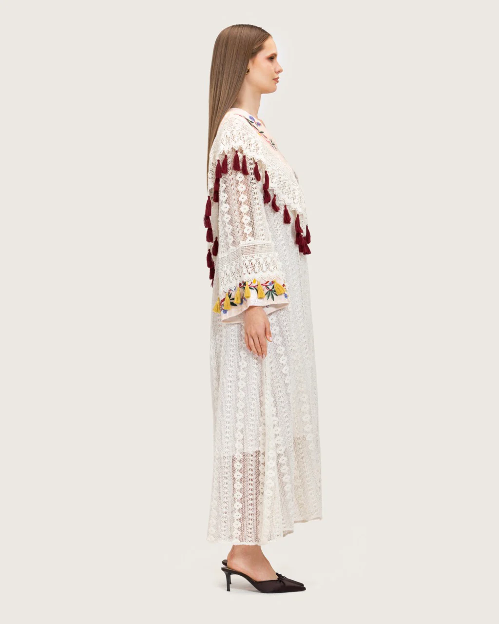 White Embroidered Lace Maxi Kaftan with Handmade Tassels - Image 5