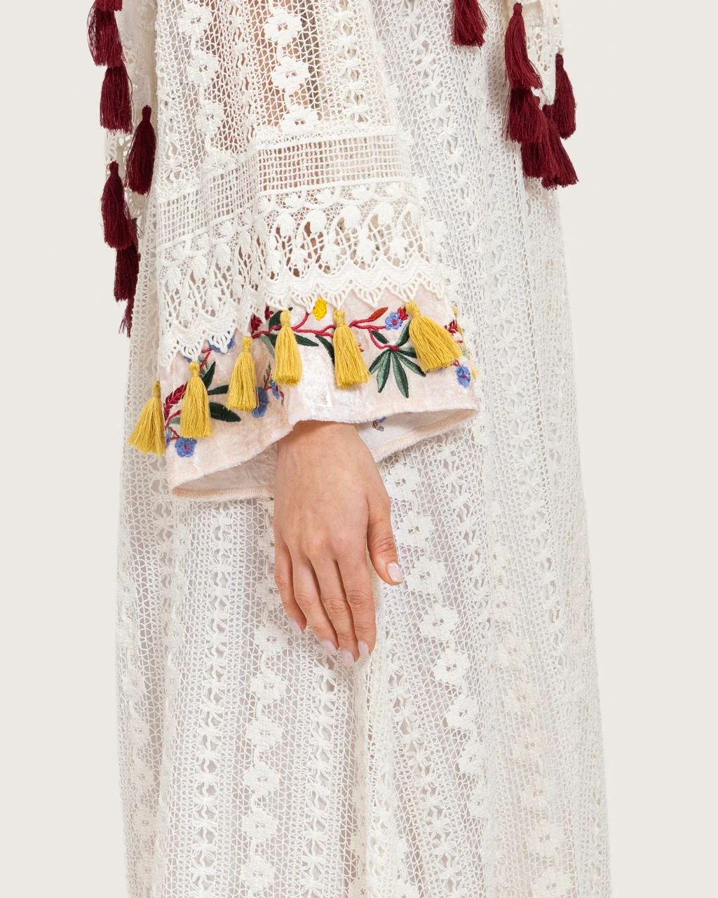 White Embroidered Lace Maxi Kaftan with Handmade Tassels - Image 6