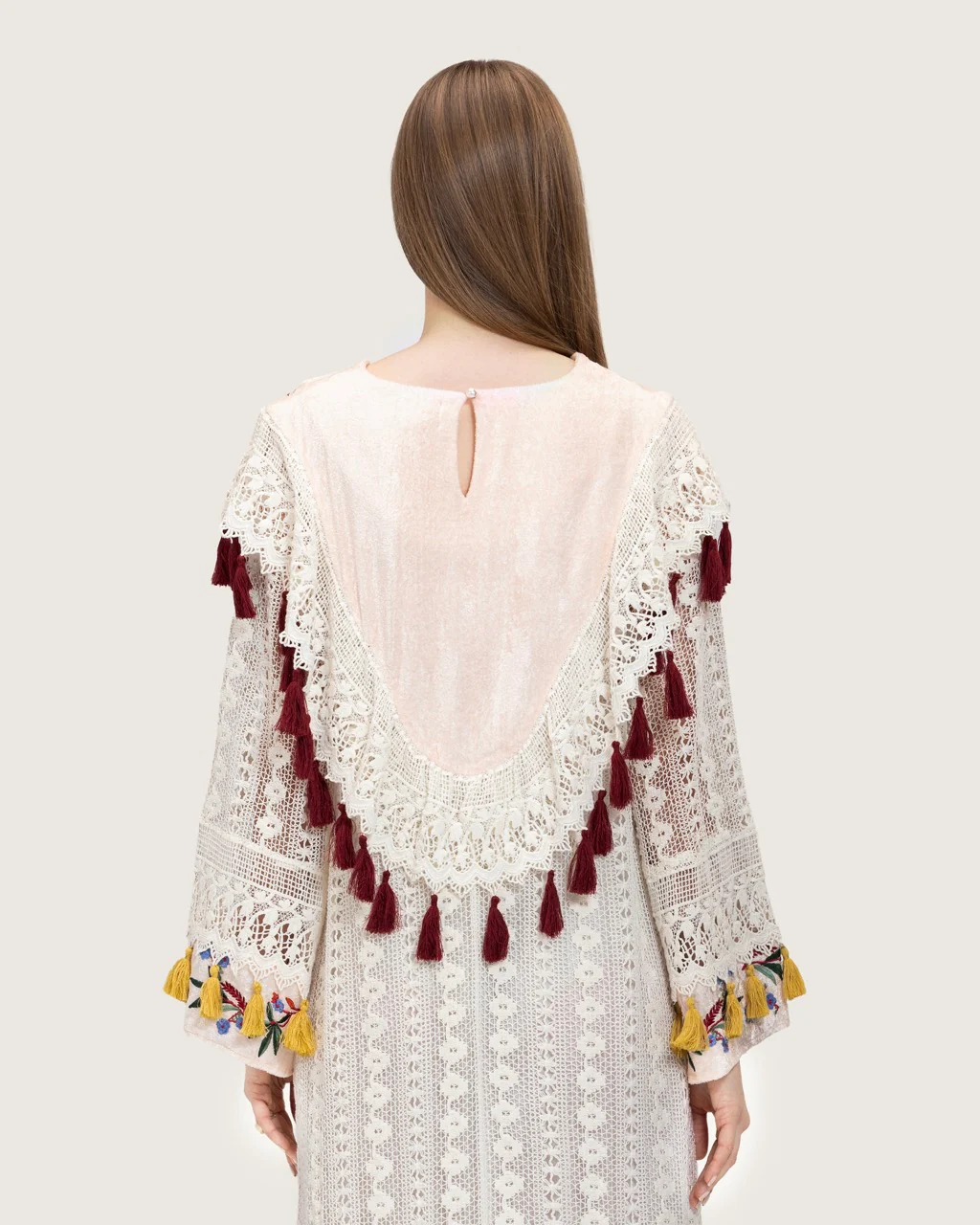 White Embroidered Lace Maxi Kaftan with Handmade Tassels - Image 7