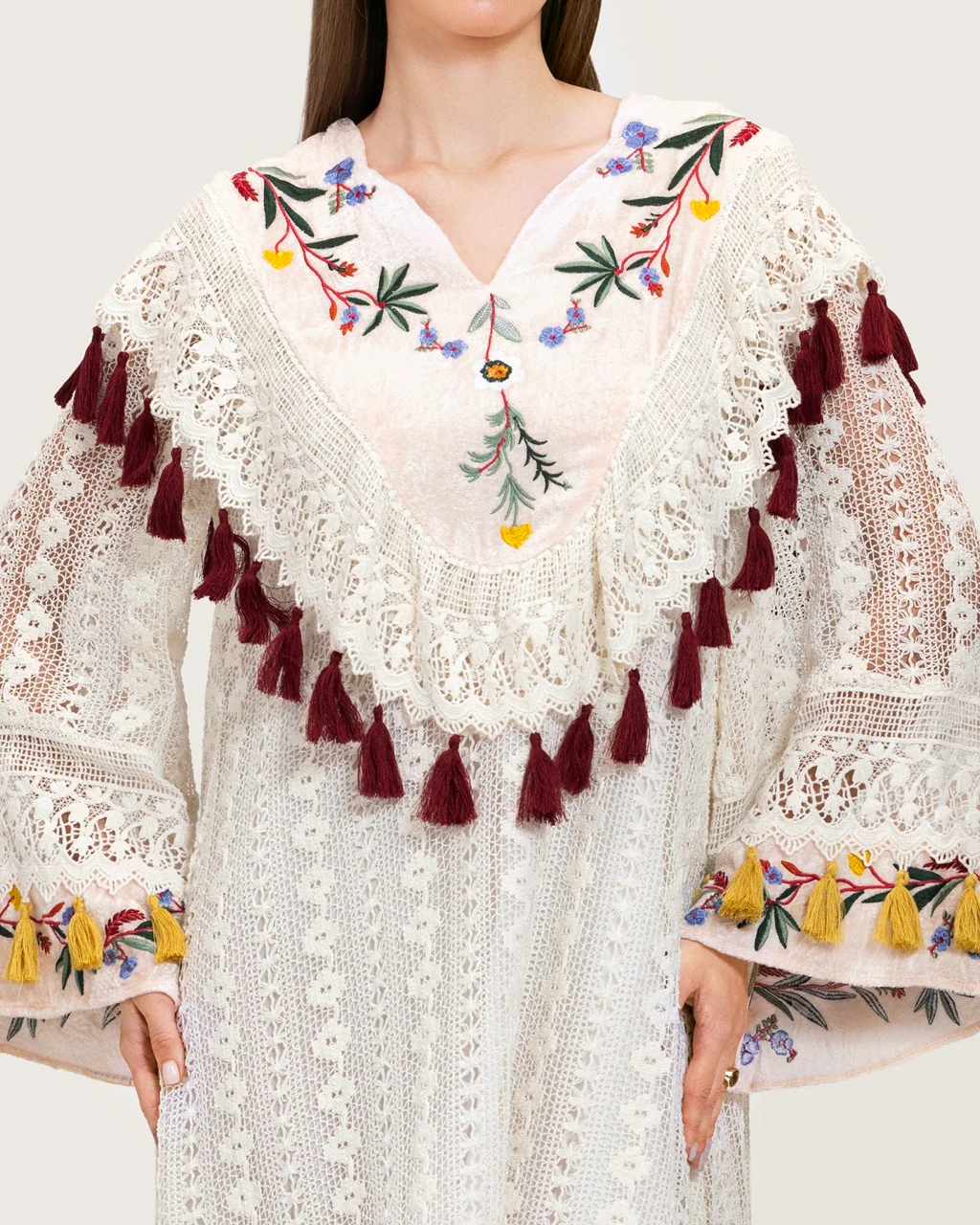 White Embroidered Lace Maxi Kaftan with Handmade Tassels - Image 9