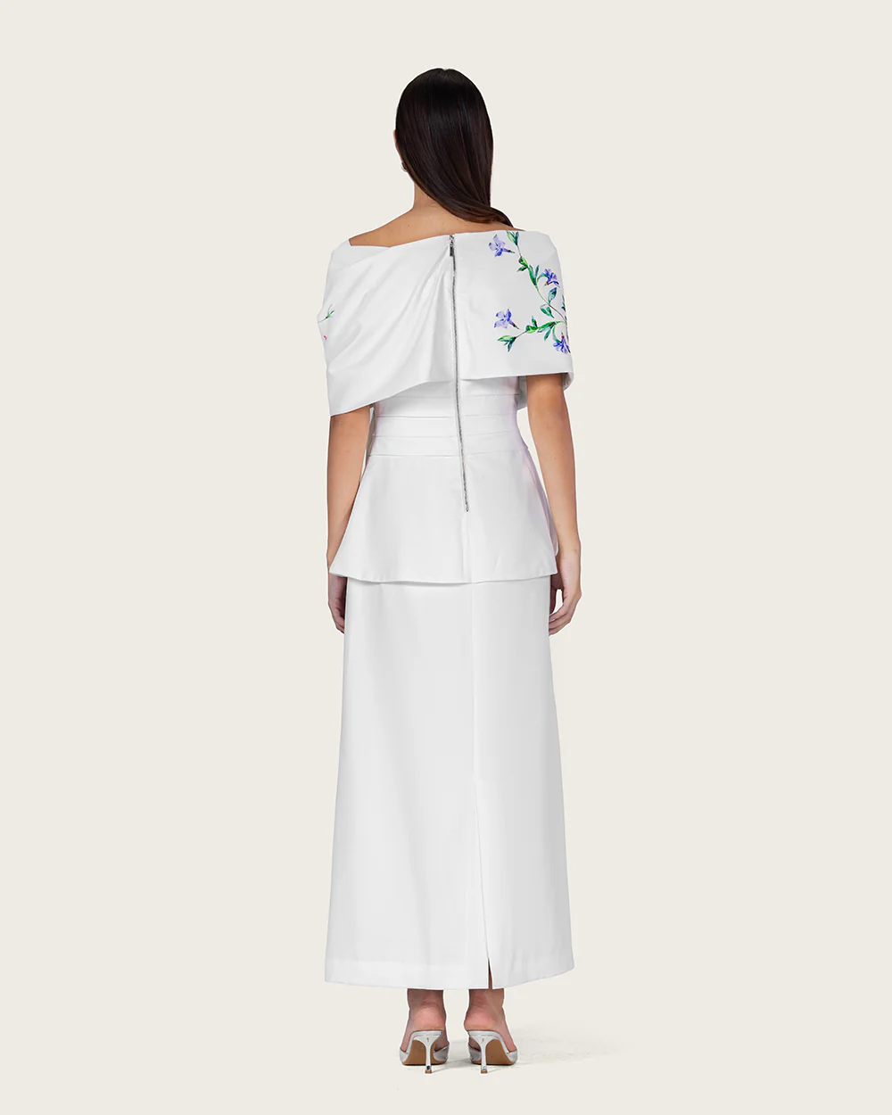 White Floral Crepe Maxi Dress with Off-Shoulder Neckline - Image 10