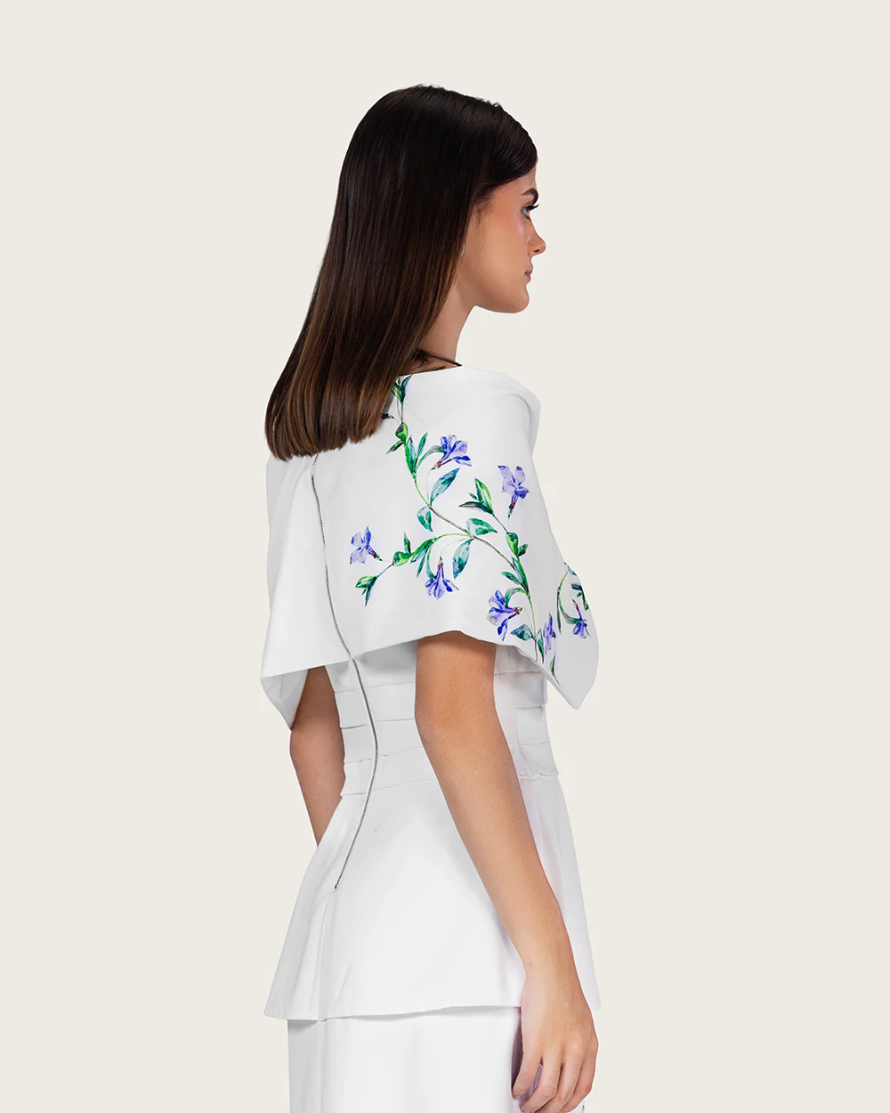 White Floral Crepe Maxi Dress with Off-Shoulder Neckline - Image 11