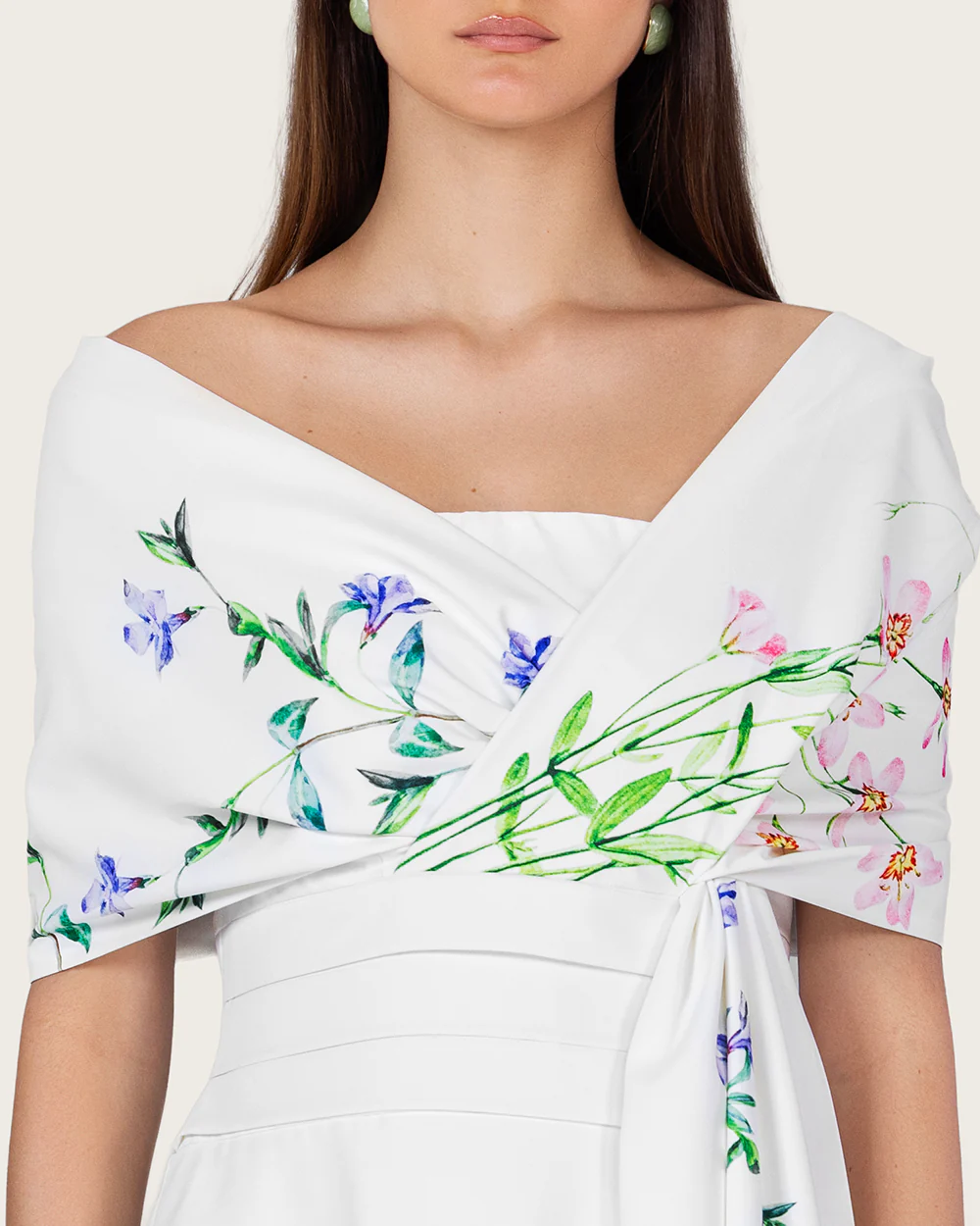 White Floral Crepe Maxi Dress with Off-Shoulder Neckline - Image 2