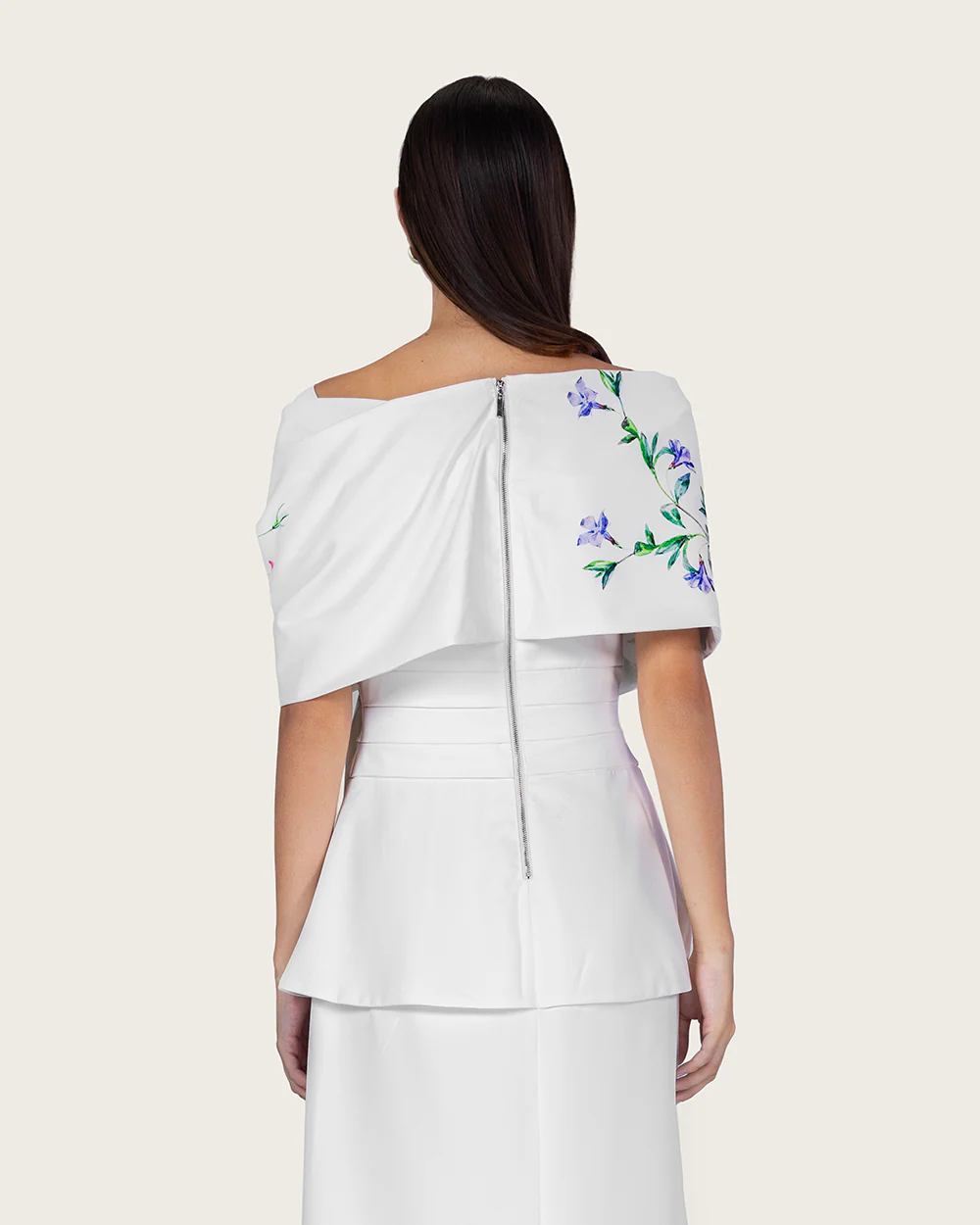 White Floral Crepe Maxi Dress with Off-Shoulder Neckline - Image 3