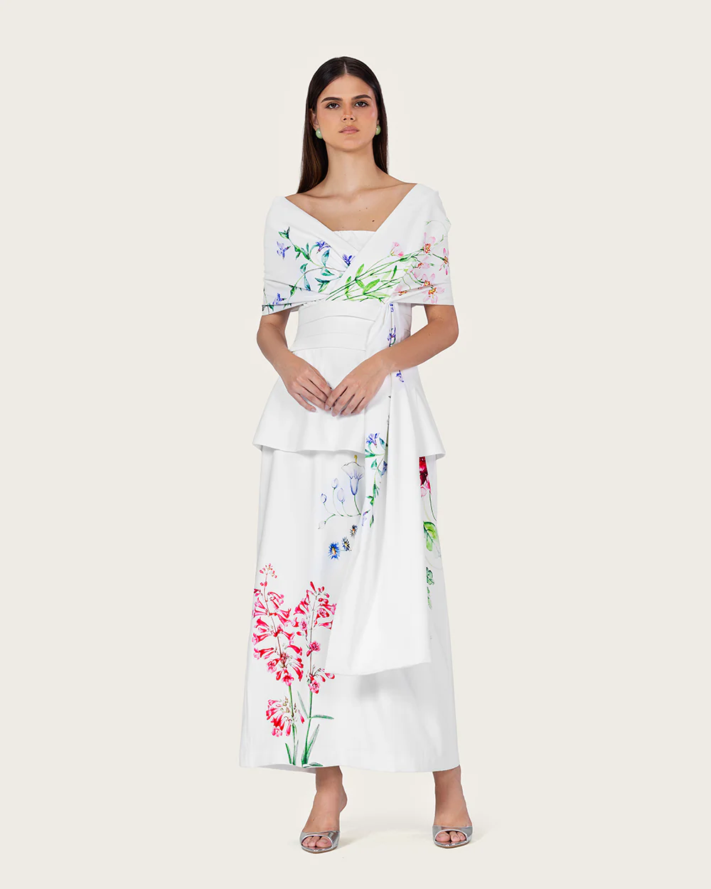 White Floral Crepe Maxi Dress with Off-Shoulder Neckline - Image 4