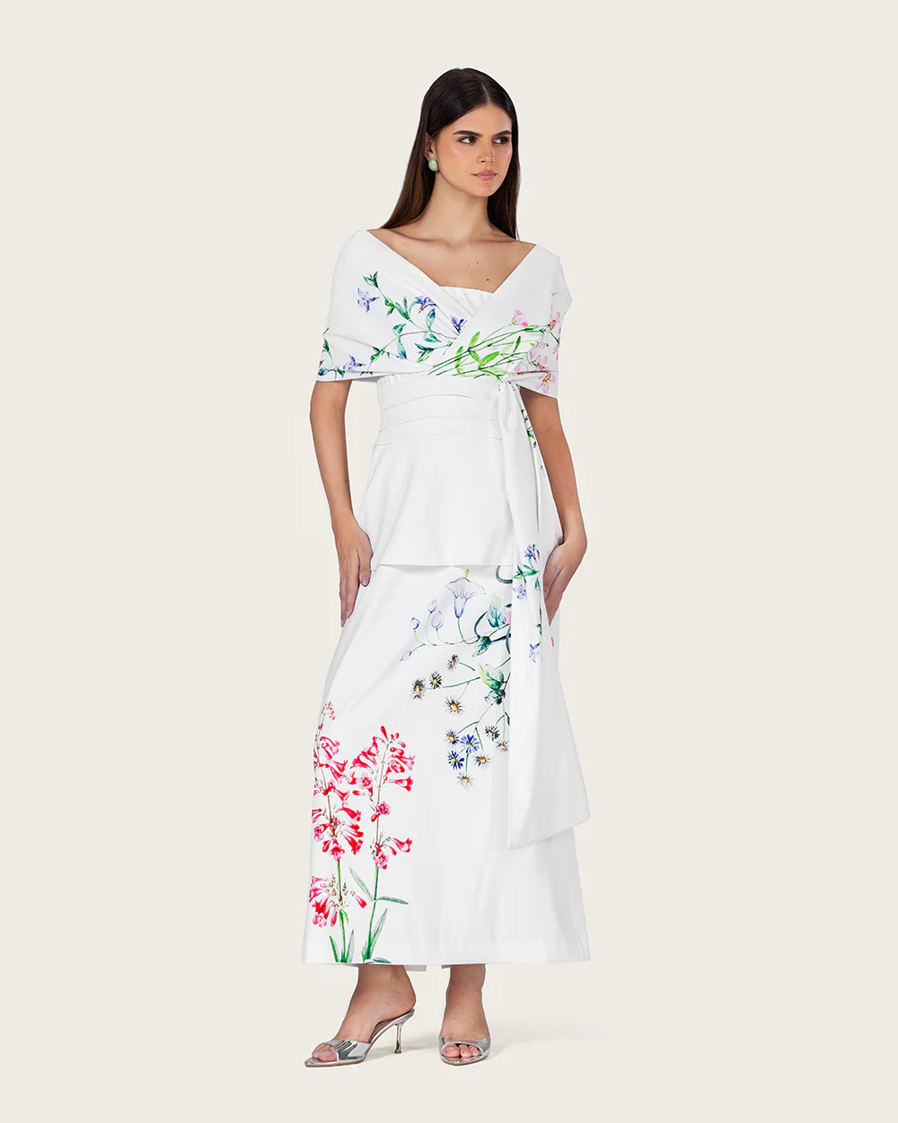 White Floral Crepe Maxi Dress with Off-Shoulder Neckline - Image 5