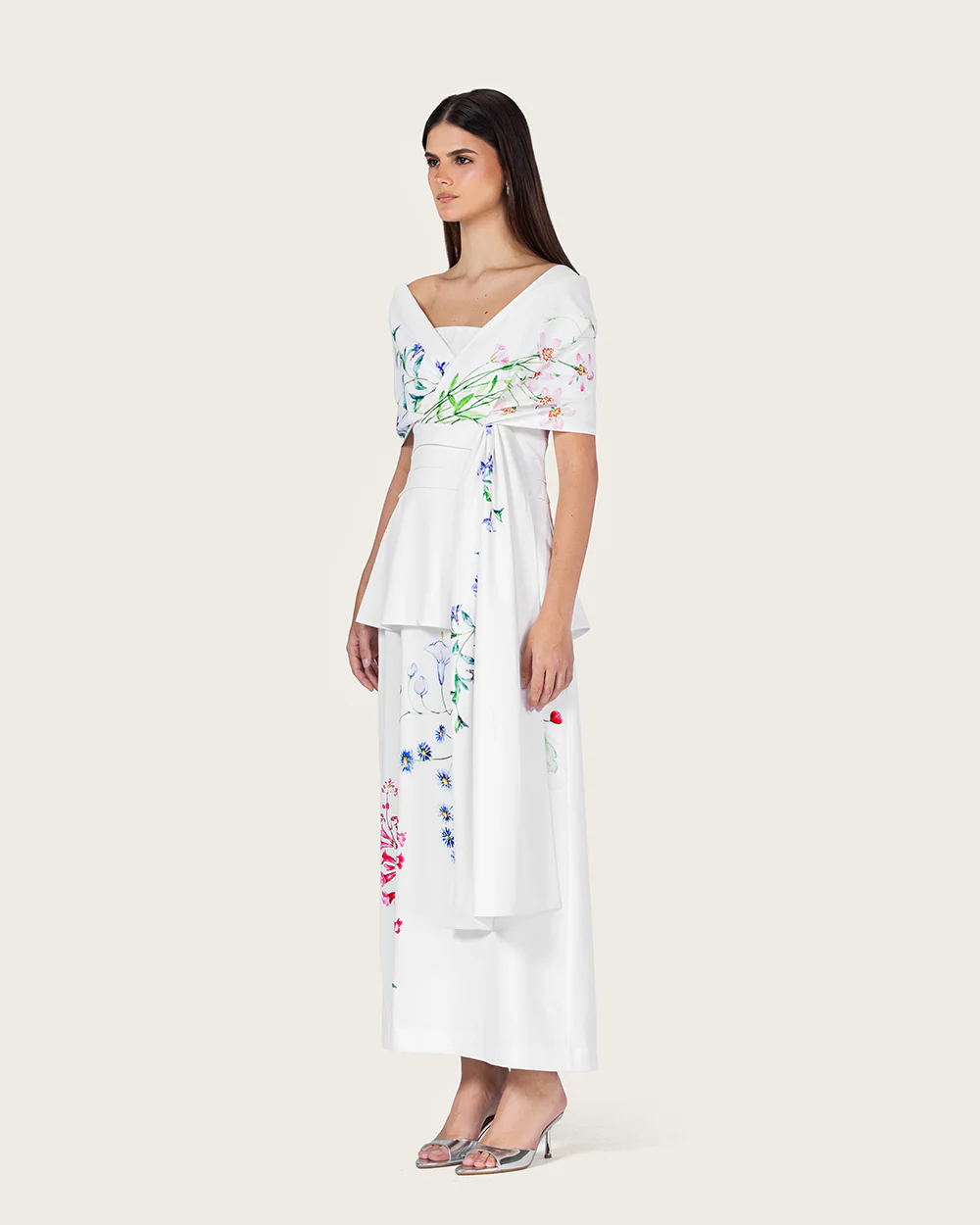 White Floral Crepe Maxi Dress with Off-Shoulder Neckline - Image 6