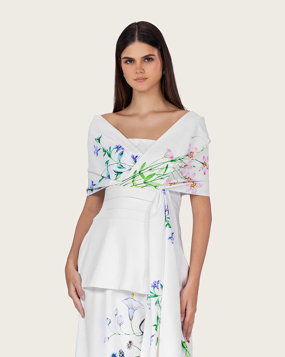 White Floral Crepe Maxi Dress with Off-Shoulder Neckline - Image 7