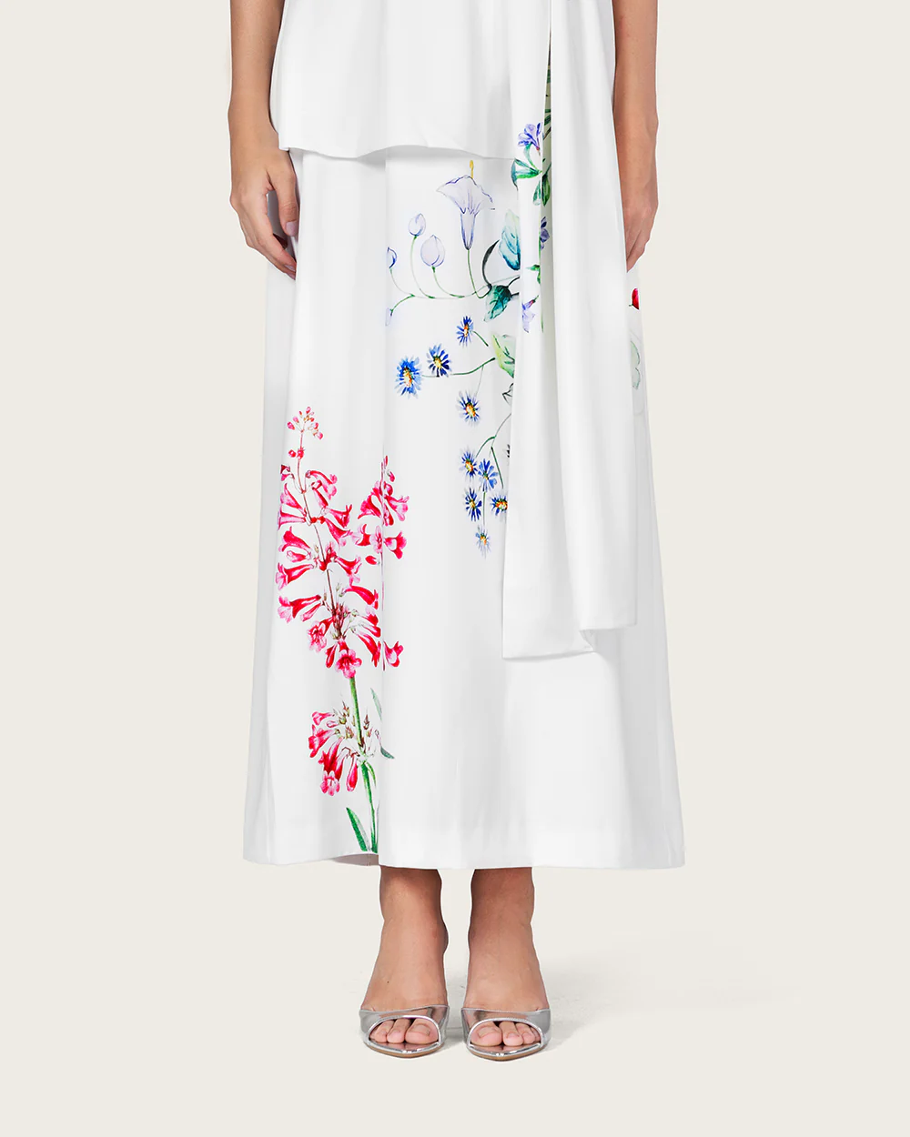 White Floral Crepe Maxi Dress with Off-Shoulder Neckline - Image 8