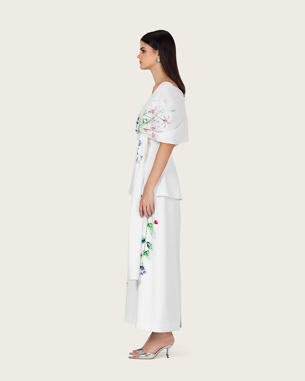 White Floral Crepe Maxi Dress with Off-Shoulder Neckline - Image 9