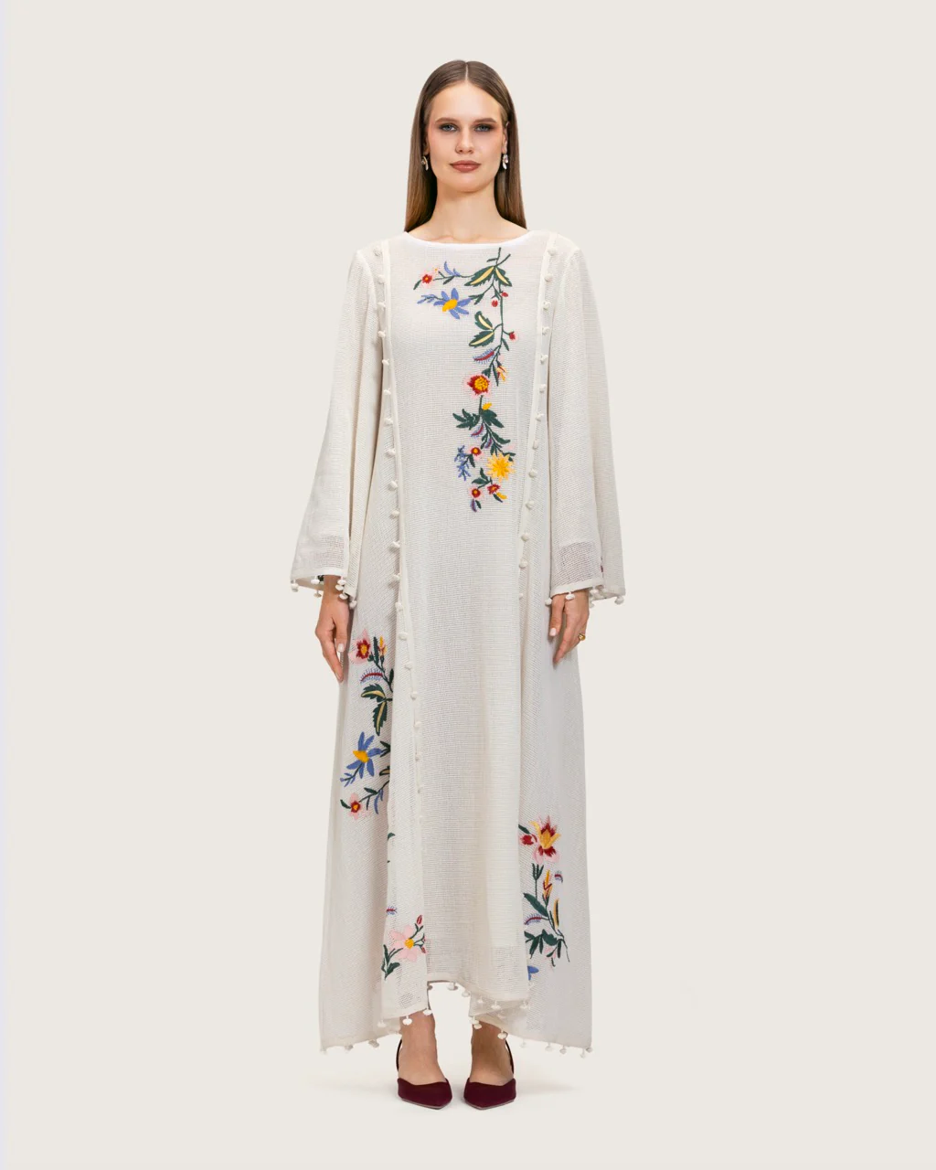 White Maxi Net Fabric Kaftan with Floral Embroidery