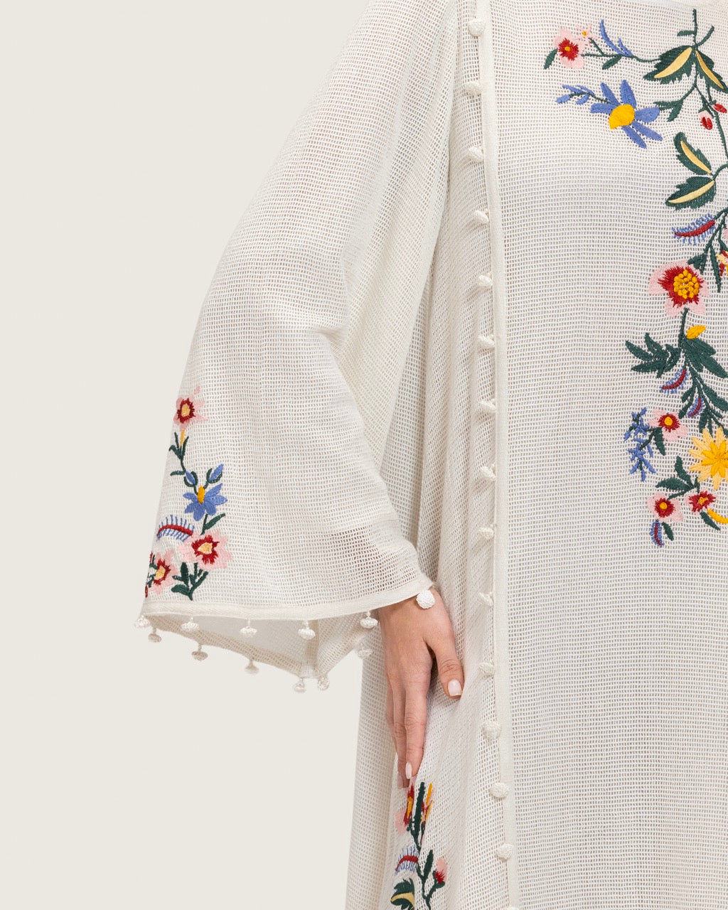 White Maxi Net Fabric Kaftan with Floral Embroidery - Image 11