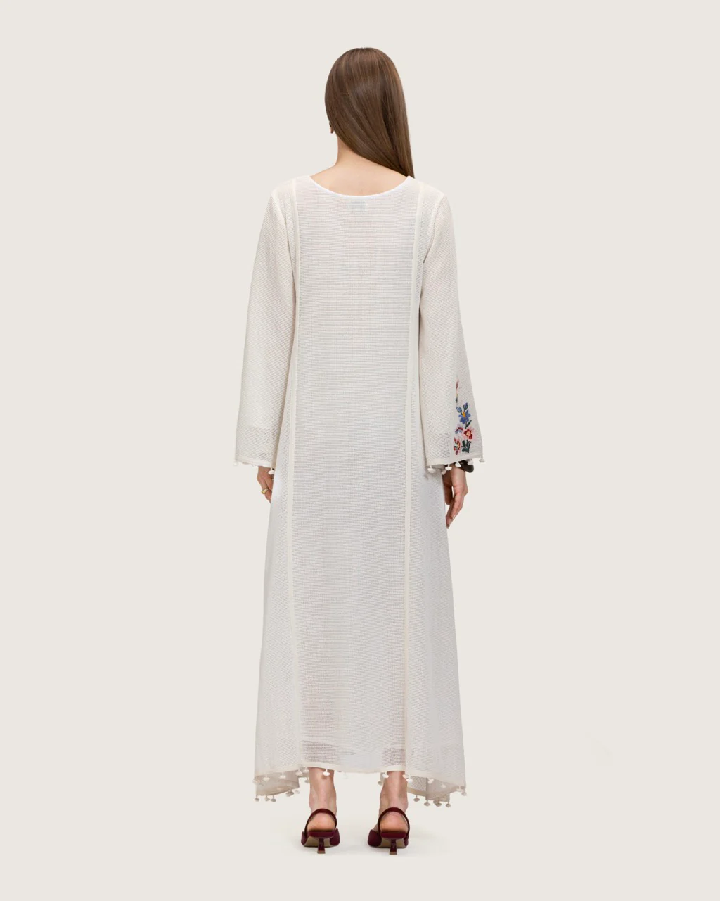 White Maxi Net Fabric Kaftan with Floral Embroidery - Image 12