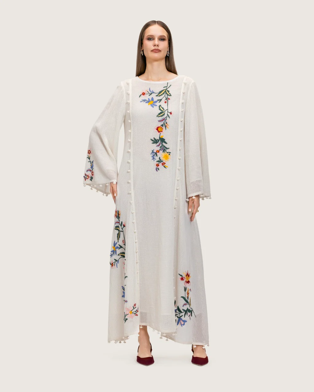White Maxi Net Fabric Kaftan with Floral Embroidery - Image 2