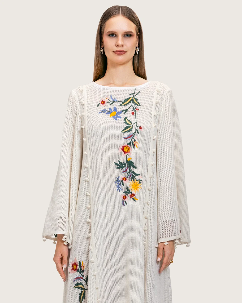 White Maxi Net Fabric Kaftan with Floral Embroidery - Image 3
