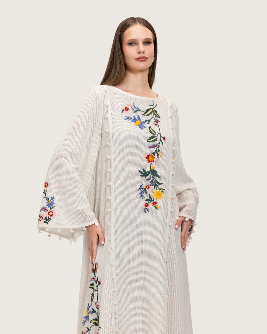 White Maxi Net Fabric Kaftan with Floral Embroidery - Image 4