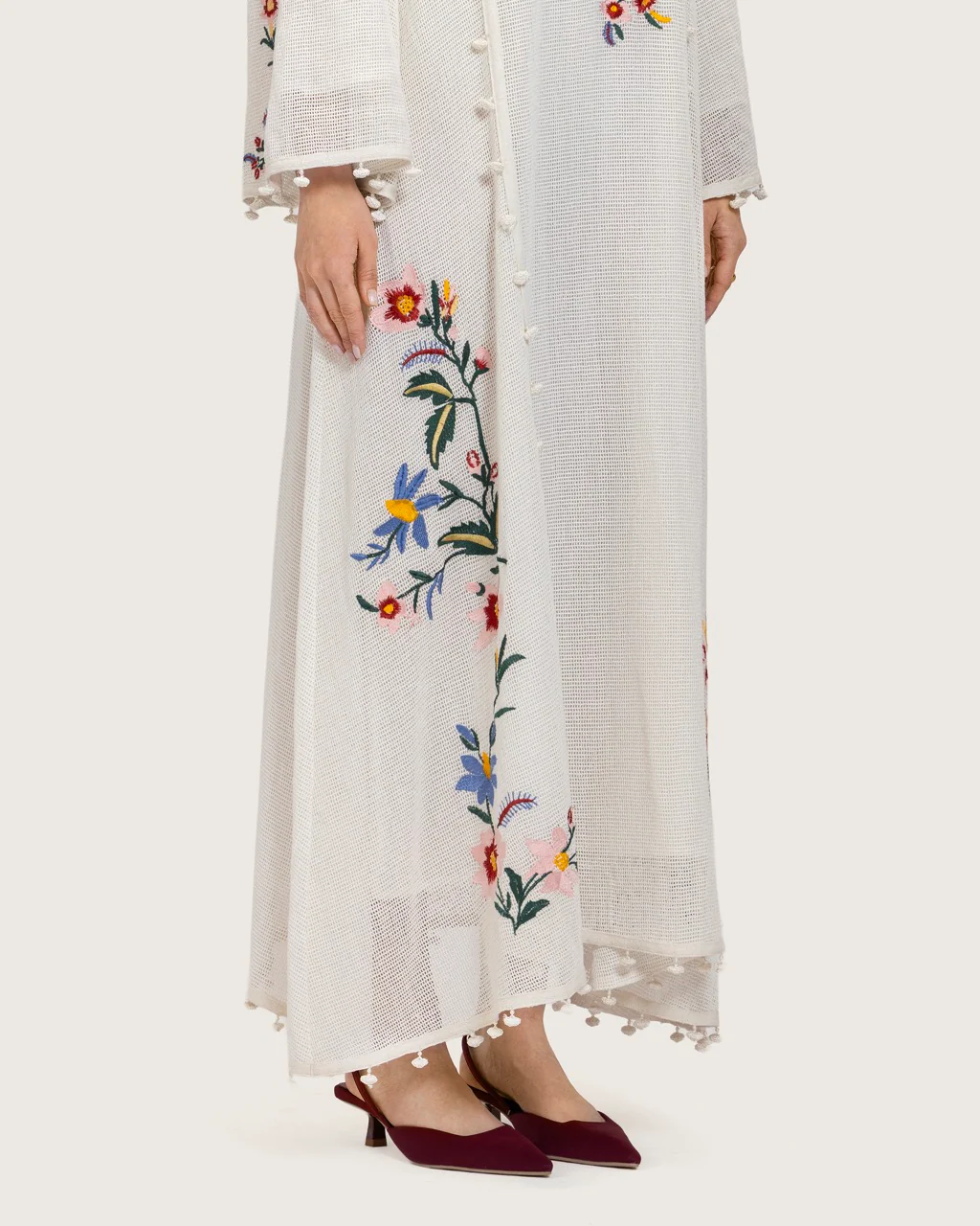 White Maxi Net Fabric Kaftan with Floral Embroidery - Image 5