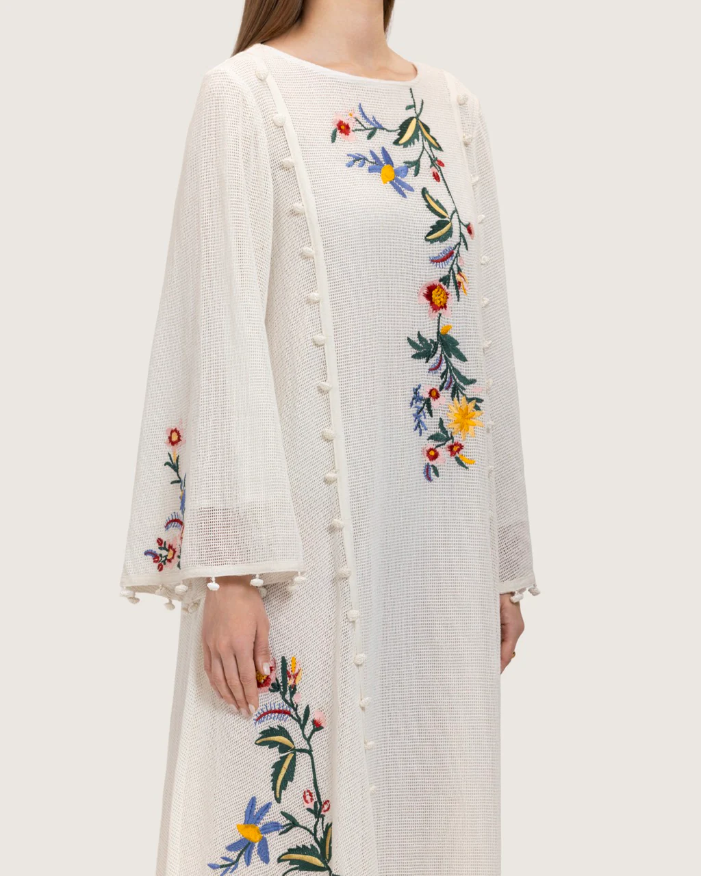 White Maxi Net Fabric Kaftan with Floral Embroidery - Image 6