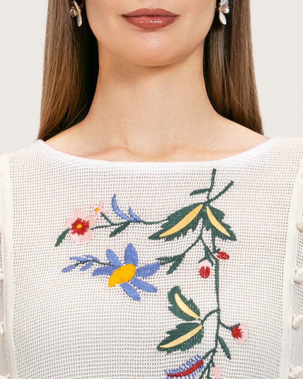 White Maxi Net Fabric Kaftan with Floral Embroidery - Image 7