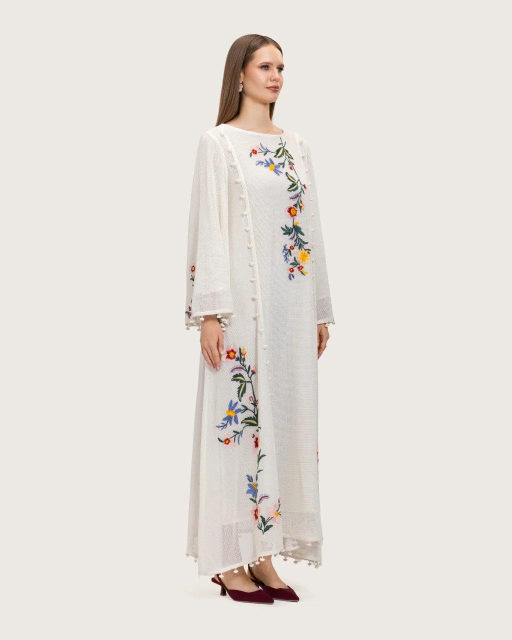 White Maxi Net Fabric Kaftan with Floral Embroidery - Image 8