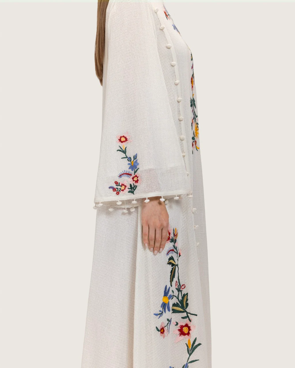 White Maxi Net Fabric Kaftan with Floral Embroidery - Image 9
