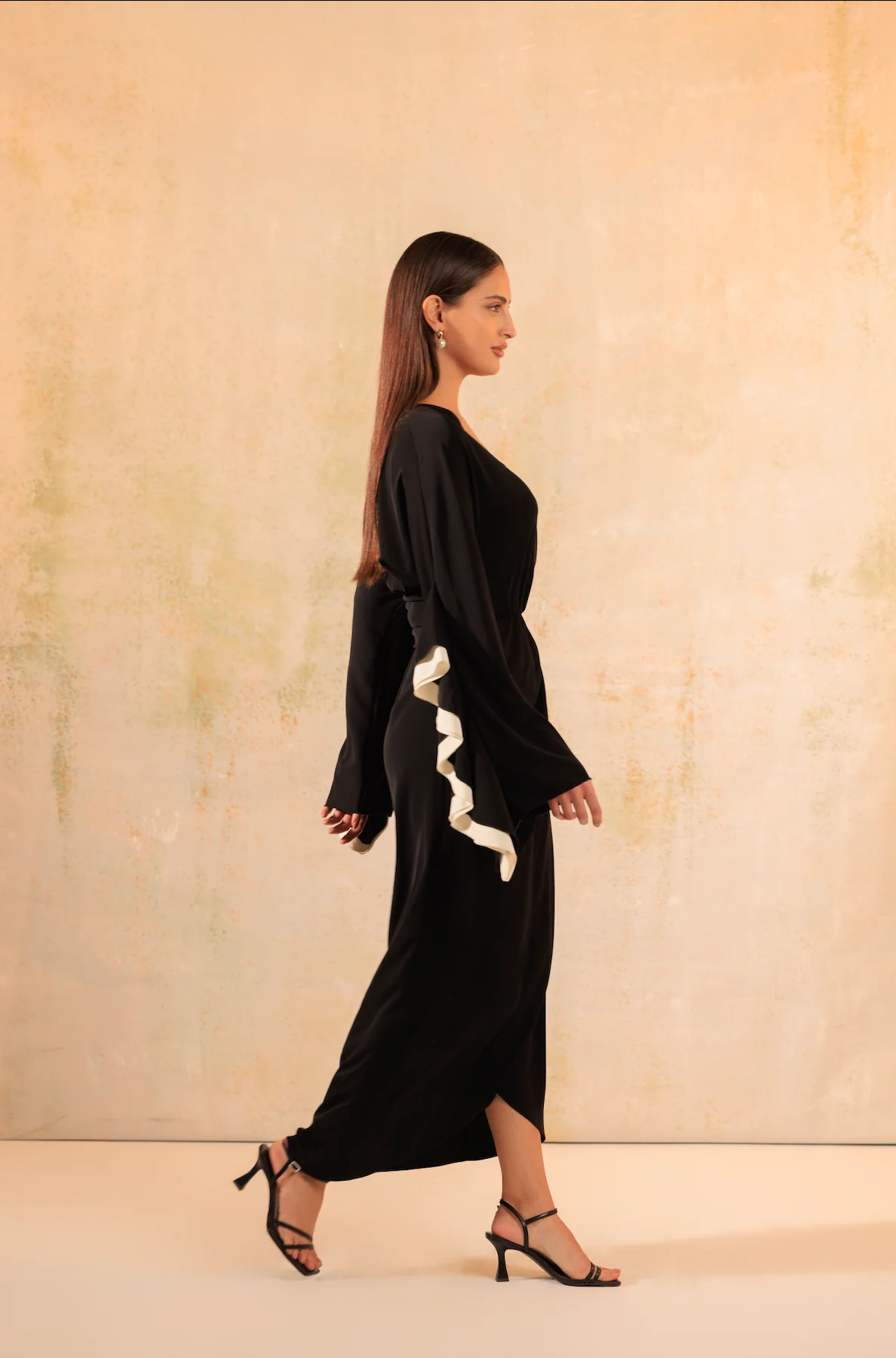 Black and White Wrap Crepe with Ruffled Sleeve Dress - Image 3