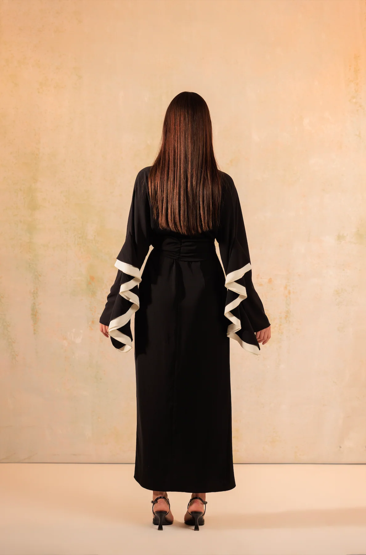 Black and White Wrap Crepe with Ruffled Sleeve Dress - Image 4