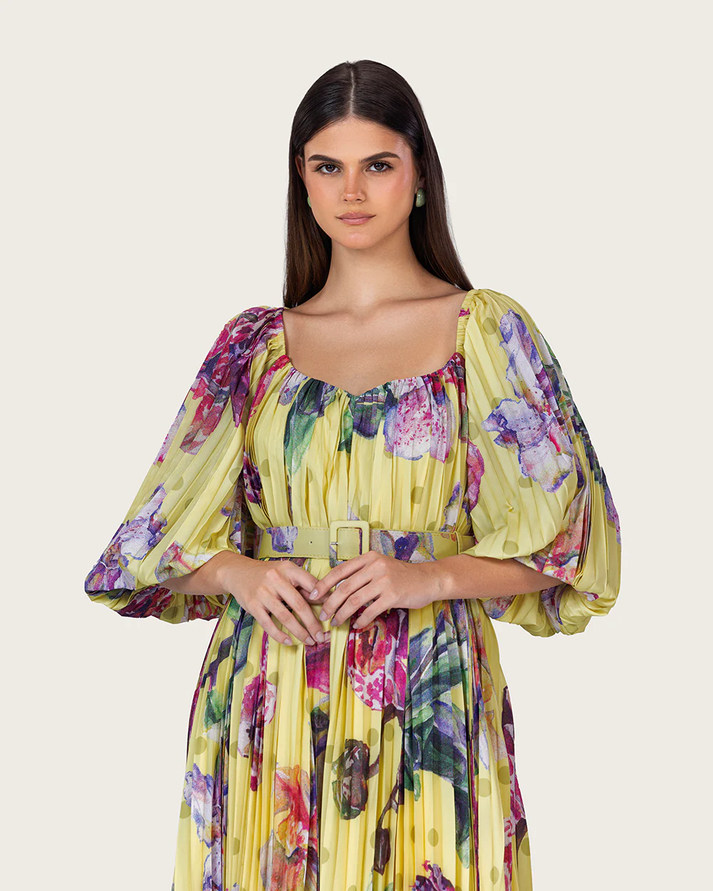 Yellow Floral Pleated Chiffon Midi Dress with Belt - Image 10