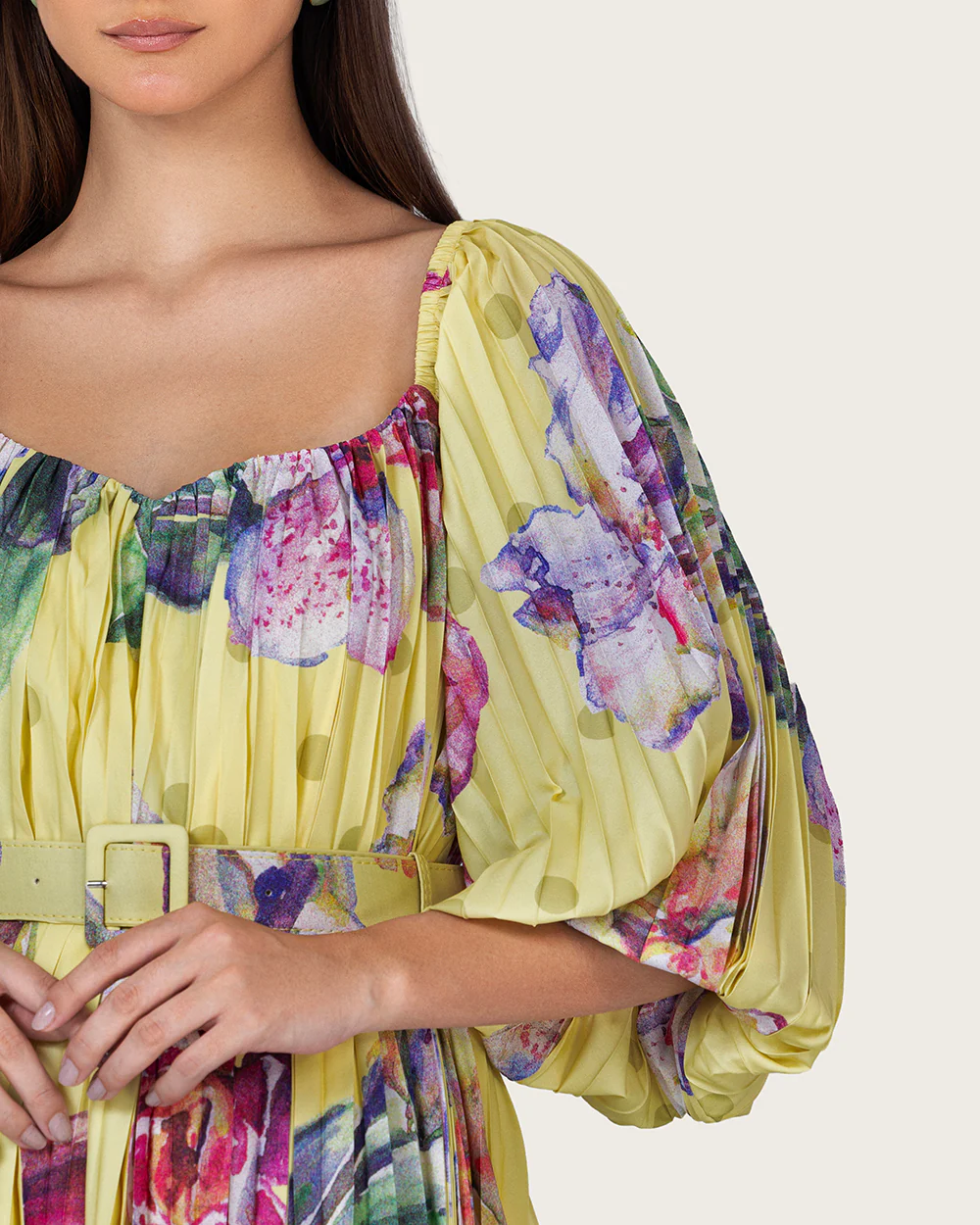 Yellow Floral Pleated Chiffon Midi Dress with Belt - Image 2