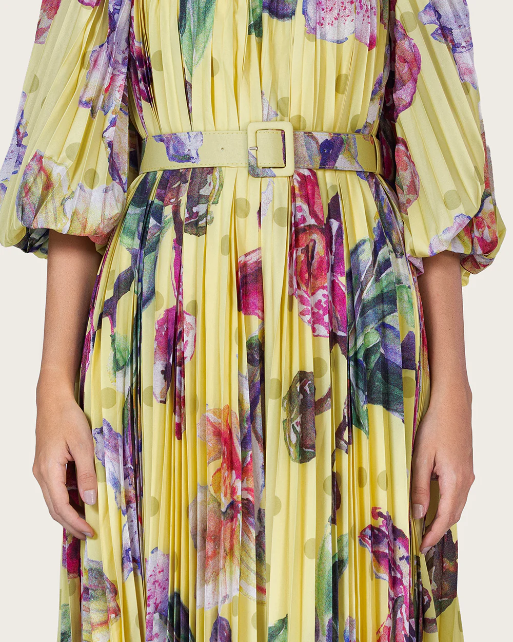 Yellow Floral Pleated Chiffon Midi Dress with Belt - Image 3
