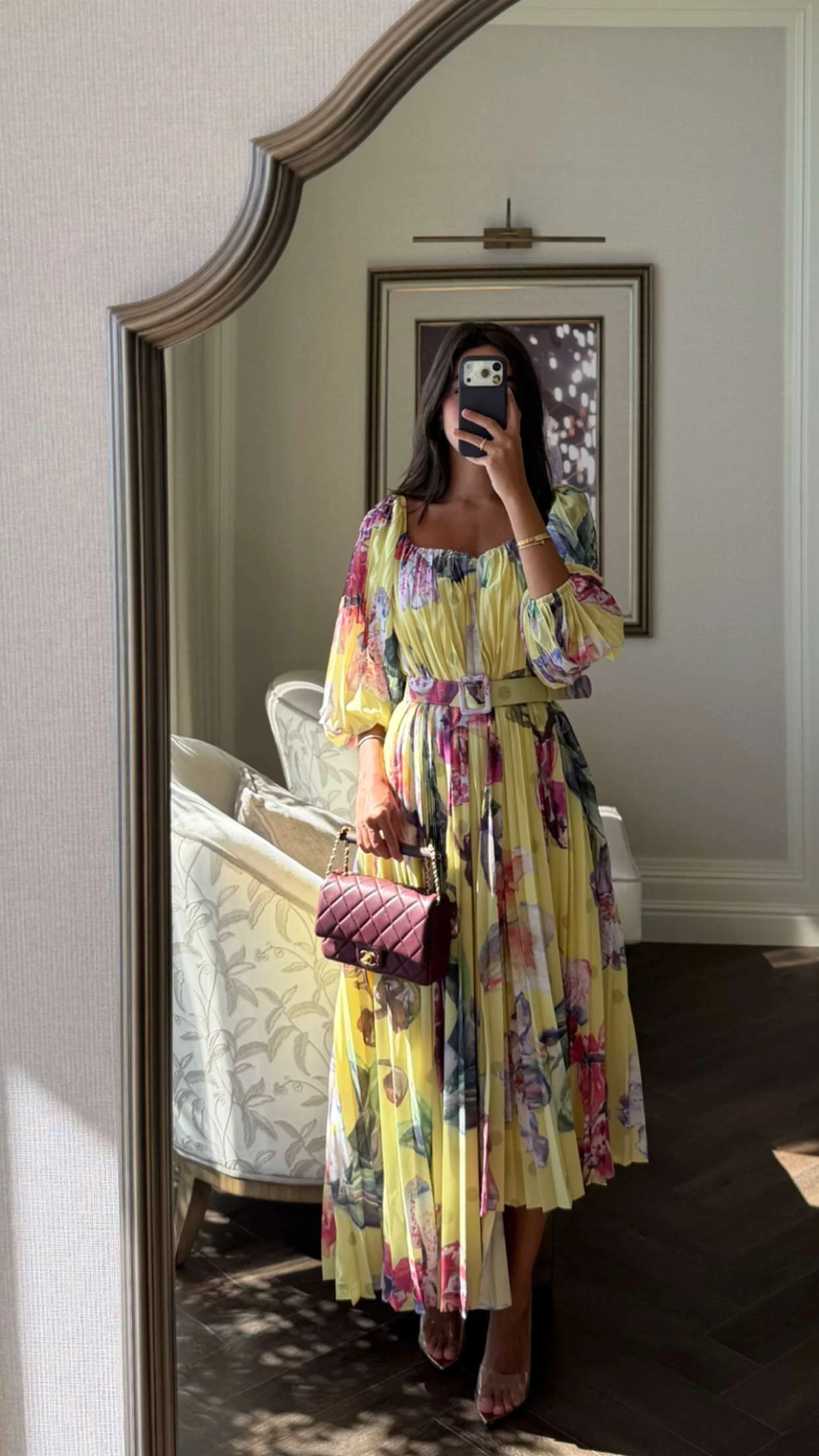 Yellow Floral Pleated Chiffon Midi Dress with Belt - Image 4
