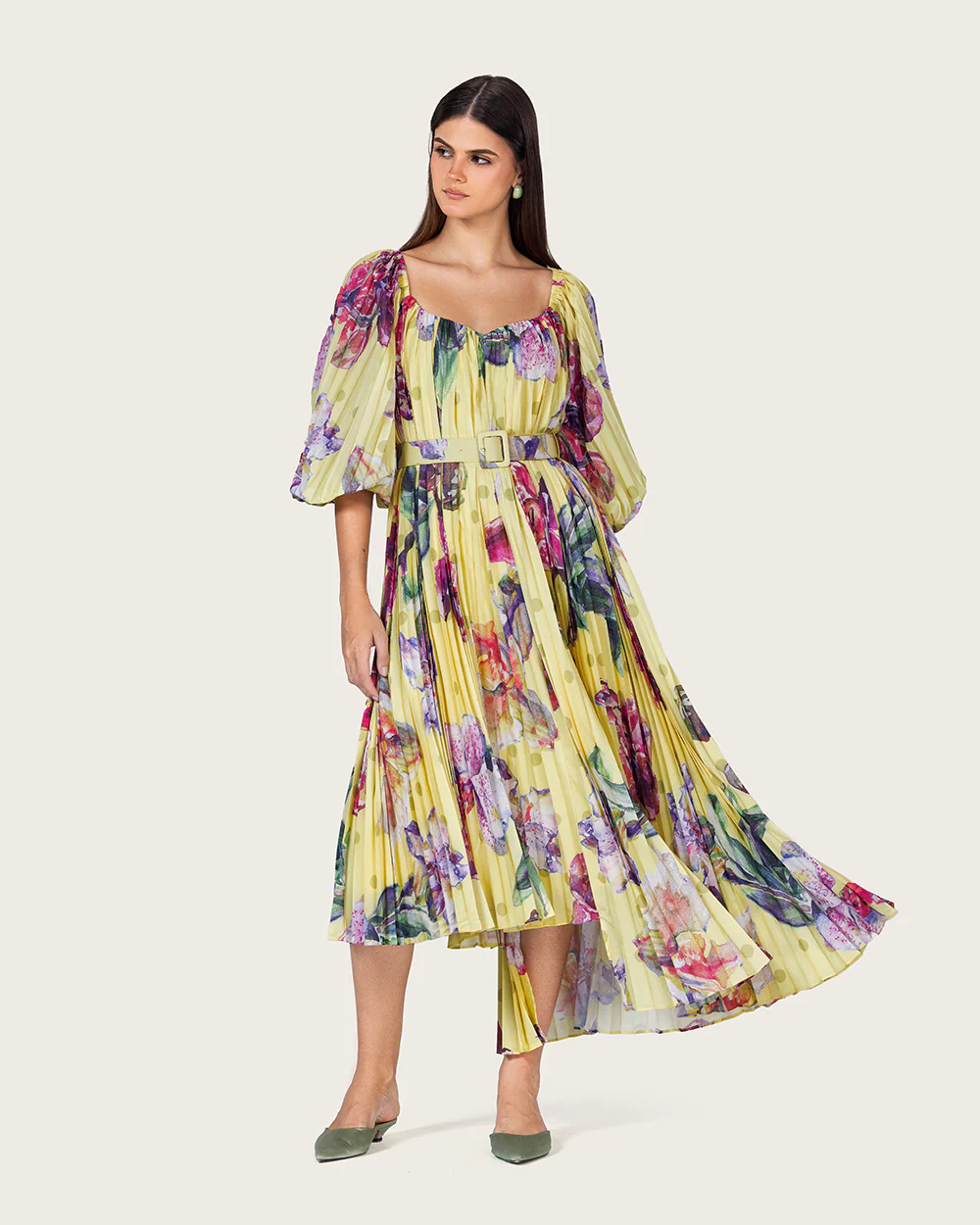 Yellow Floral Pleated Chiffon Midi Dress with Belt - Image 5