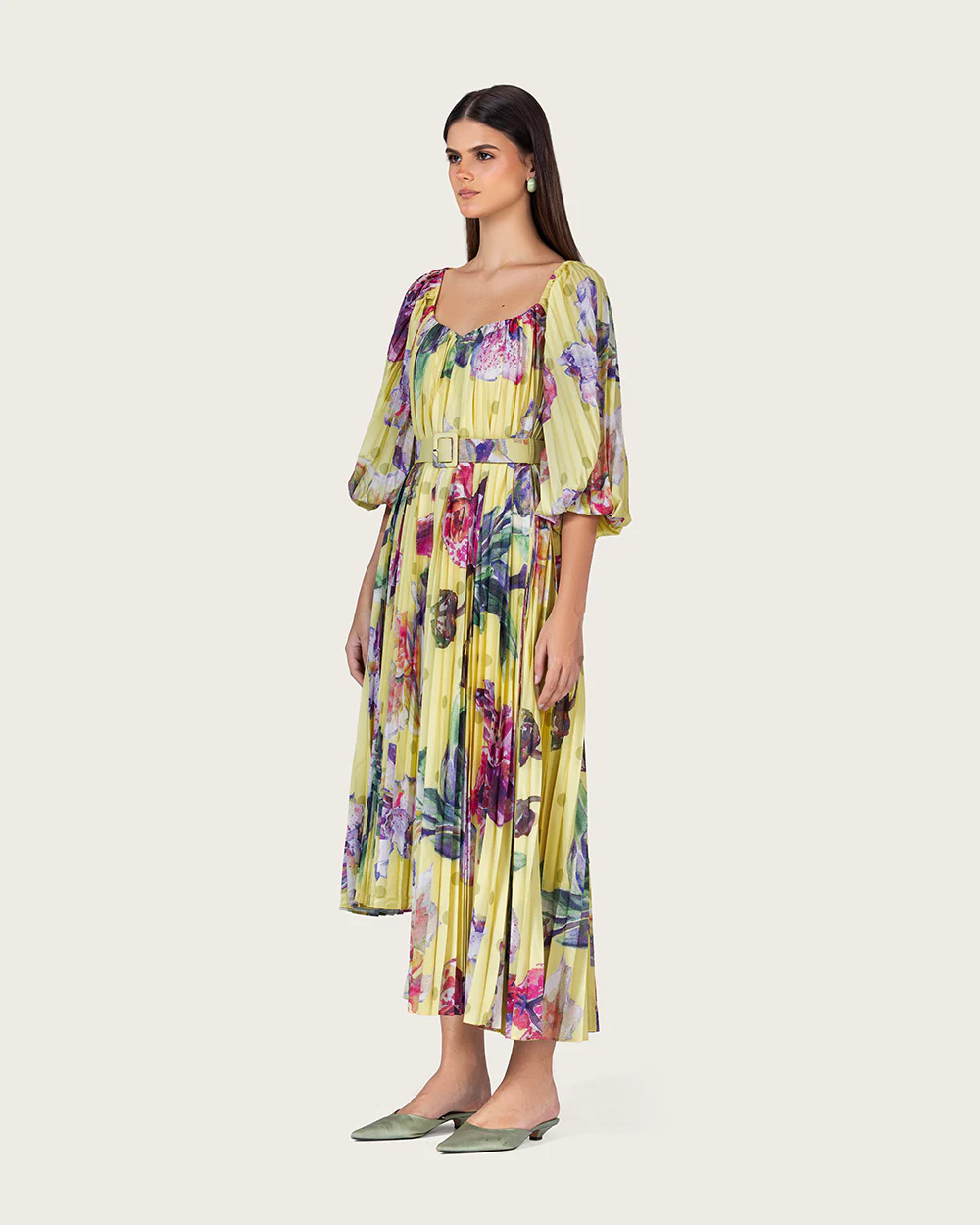 Yellow Floral Pleated Chiffon Midi Dress with Belt - Image 6