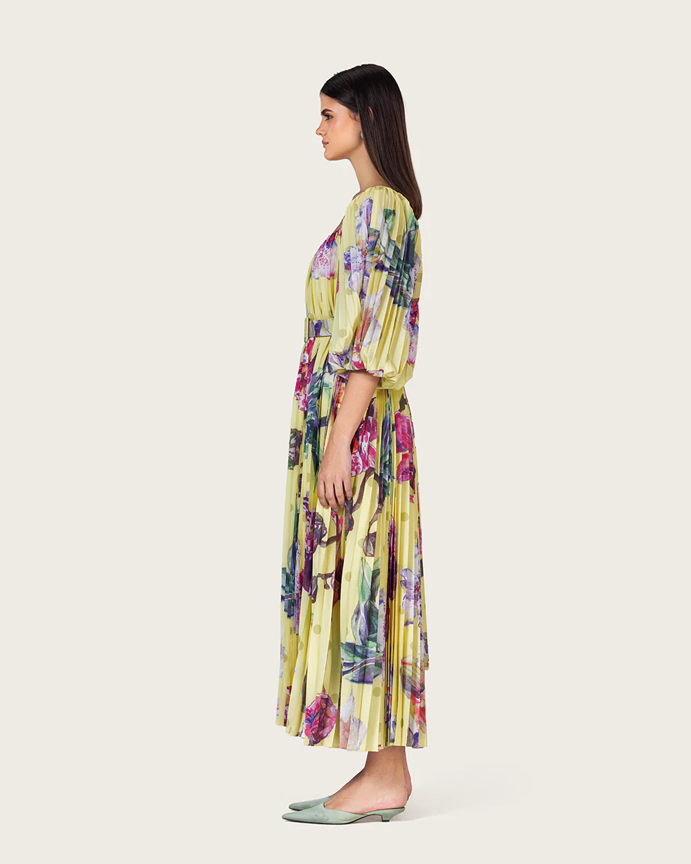 Yellow Floral Pleated Chiffon Midi Dress with Belt - Image 7