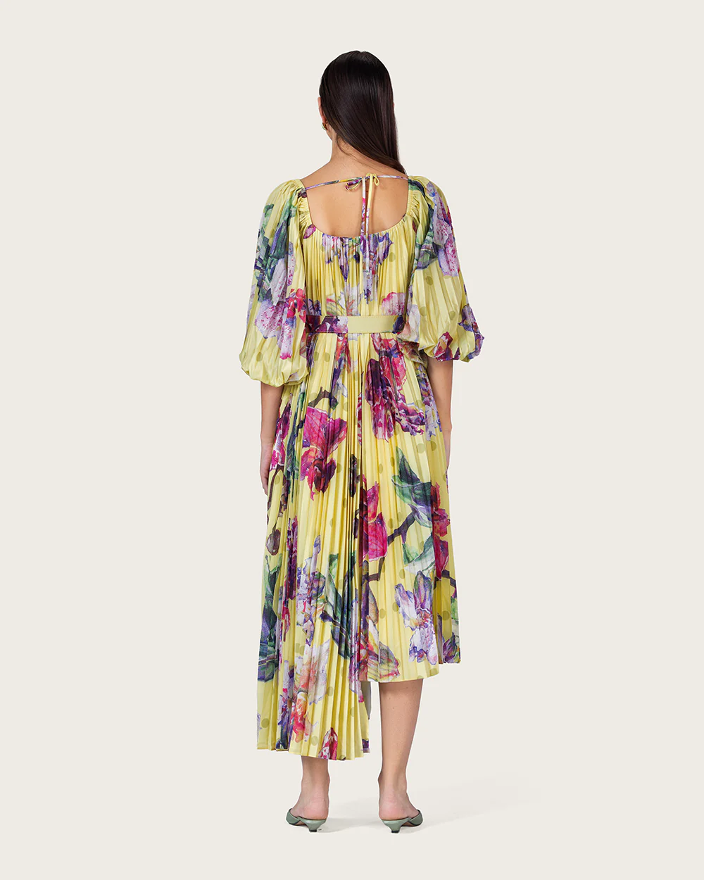 Yellow Floral Pleated Chiffon Midi Dress with Belt - Image 8