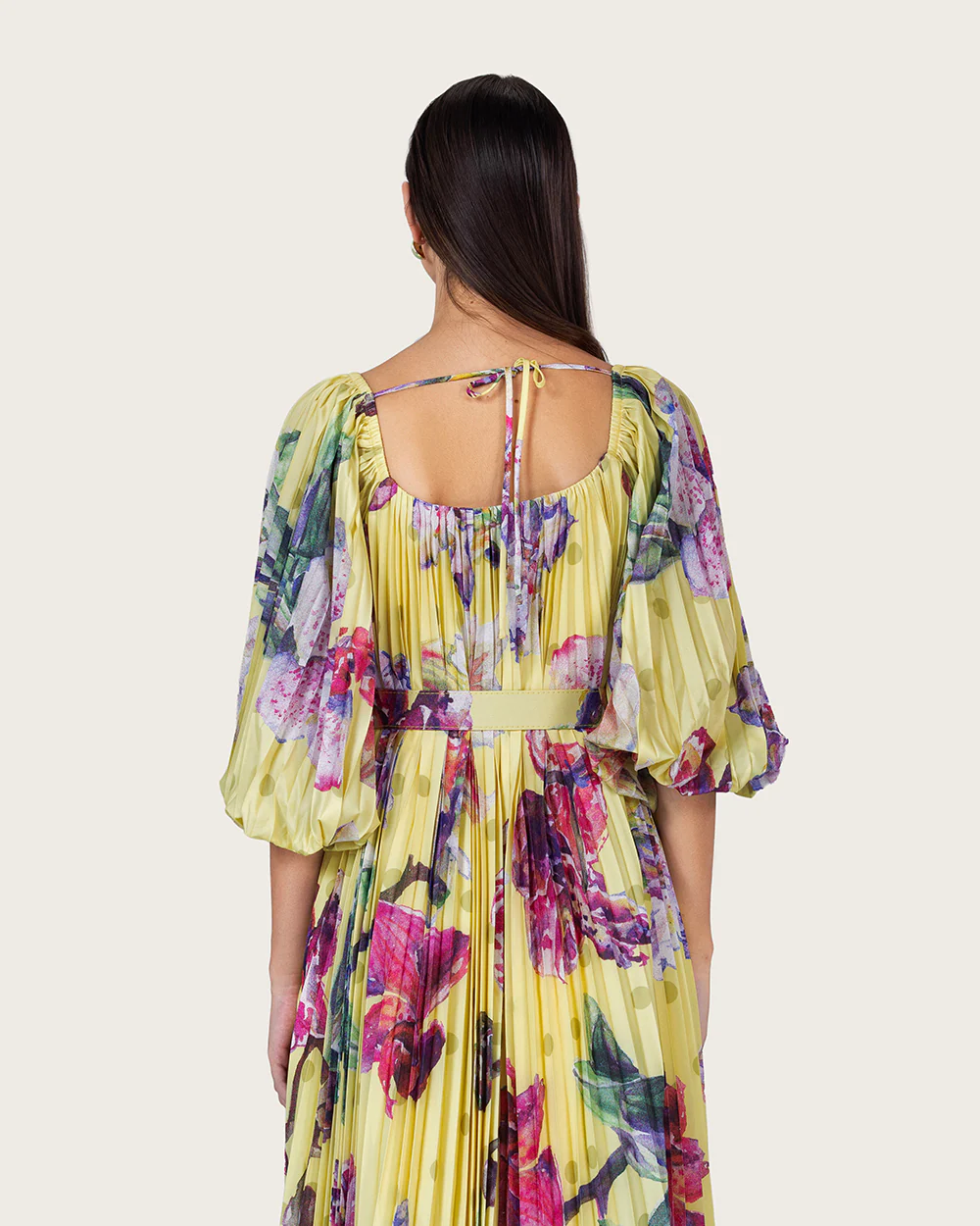 Yellow Floral Pleated Chiffon Midi Dress with Belt - Image 9