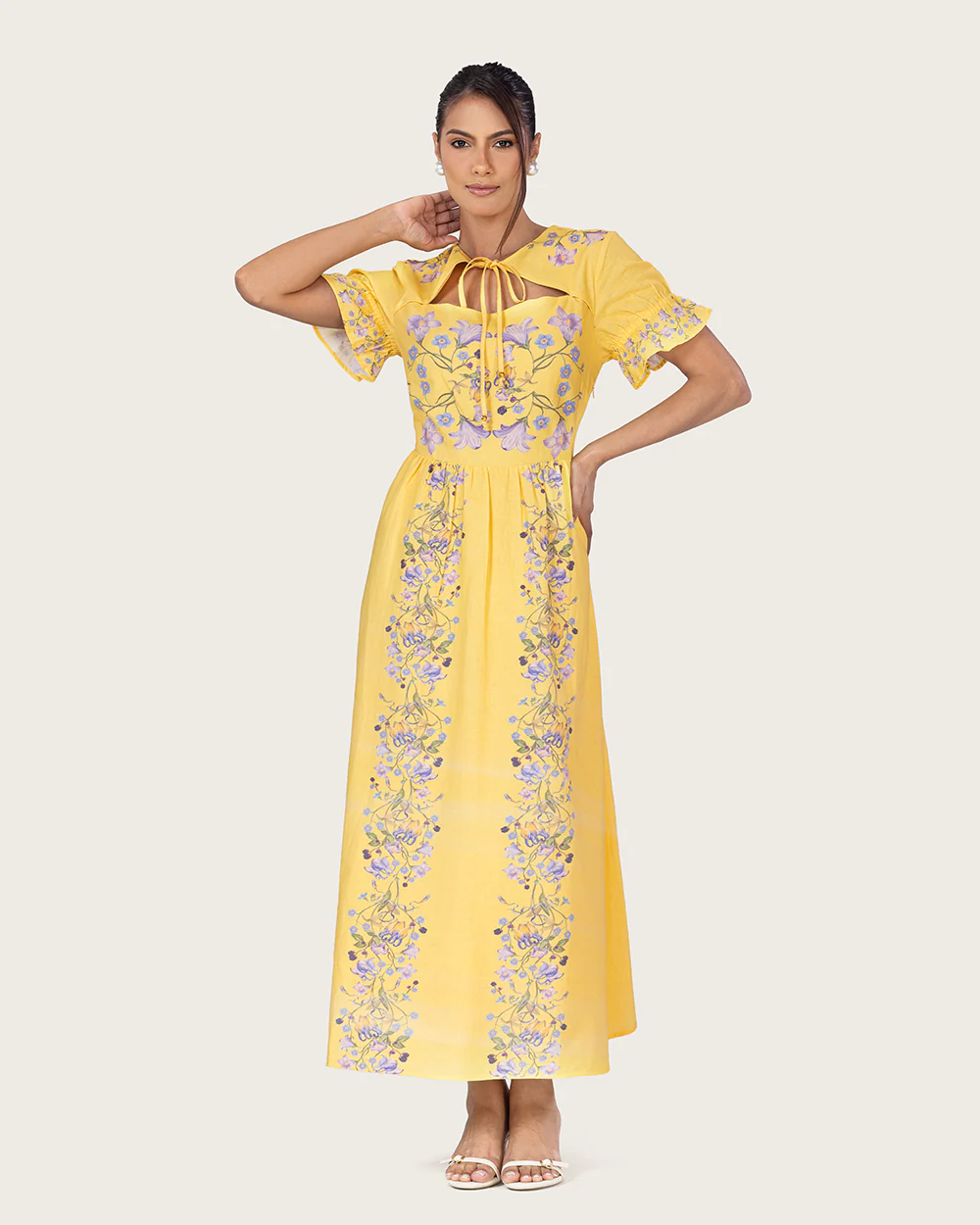 Yellow Linen Floral Midi Dress with Cape Like Detail - Image 3