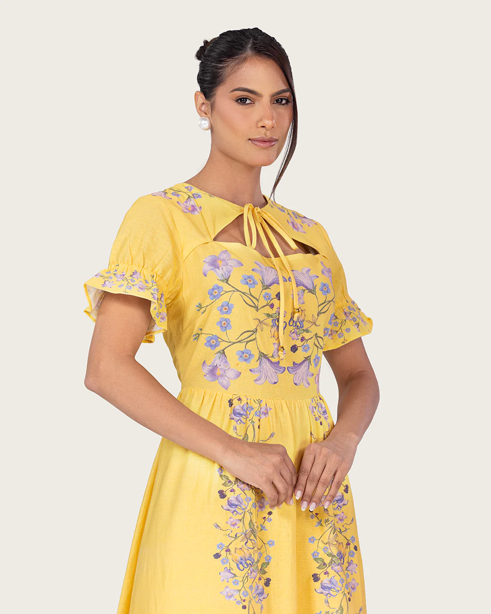 Yellow Linen Floral Midi Dress with Cape Like Detail - Image 4