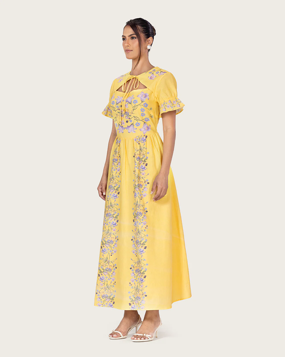 Yellow Linen Floral Midi Dress with Cape Like Detail - Image 5