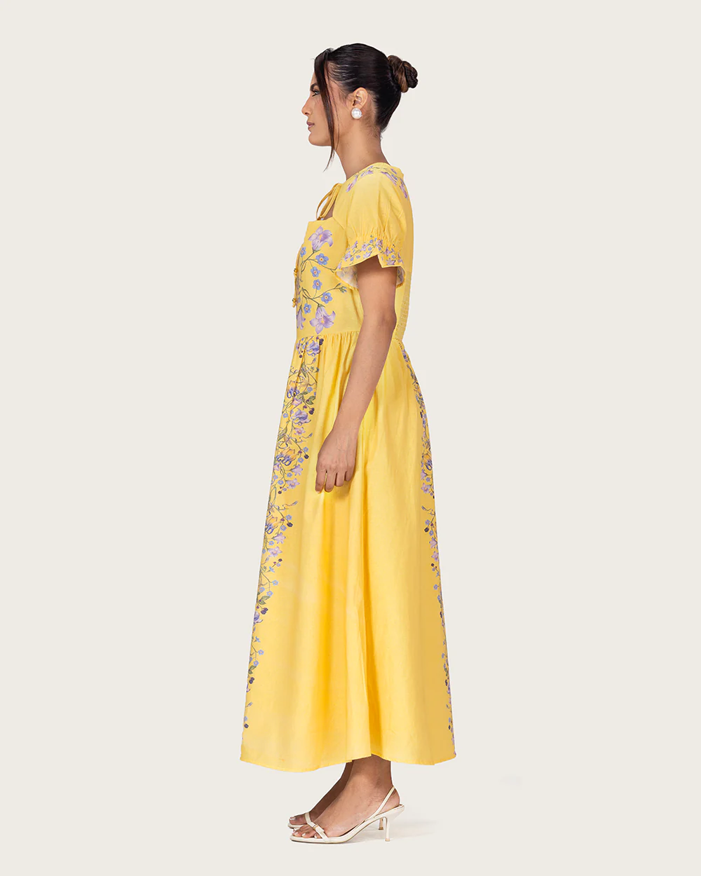Yellow Linen Floral Midi Dress with Cape Like Detail - Image 6
