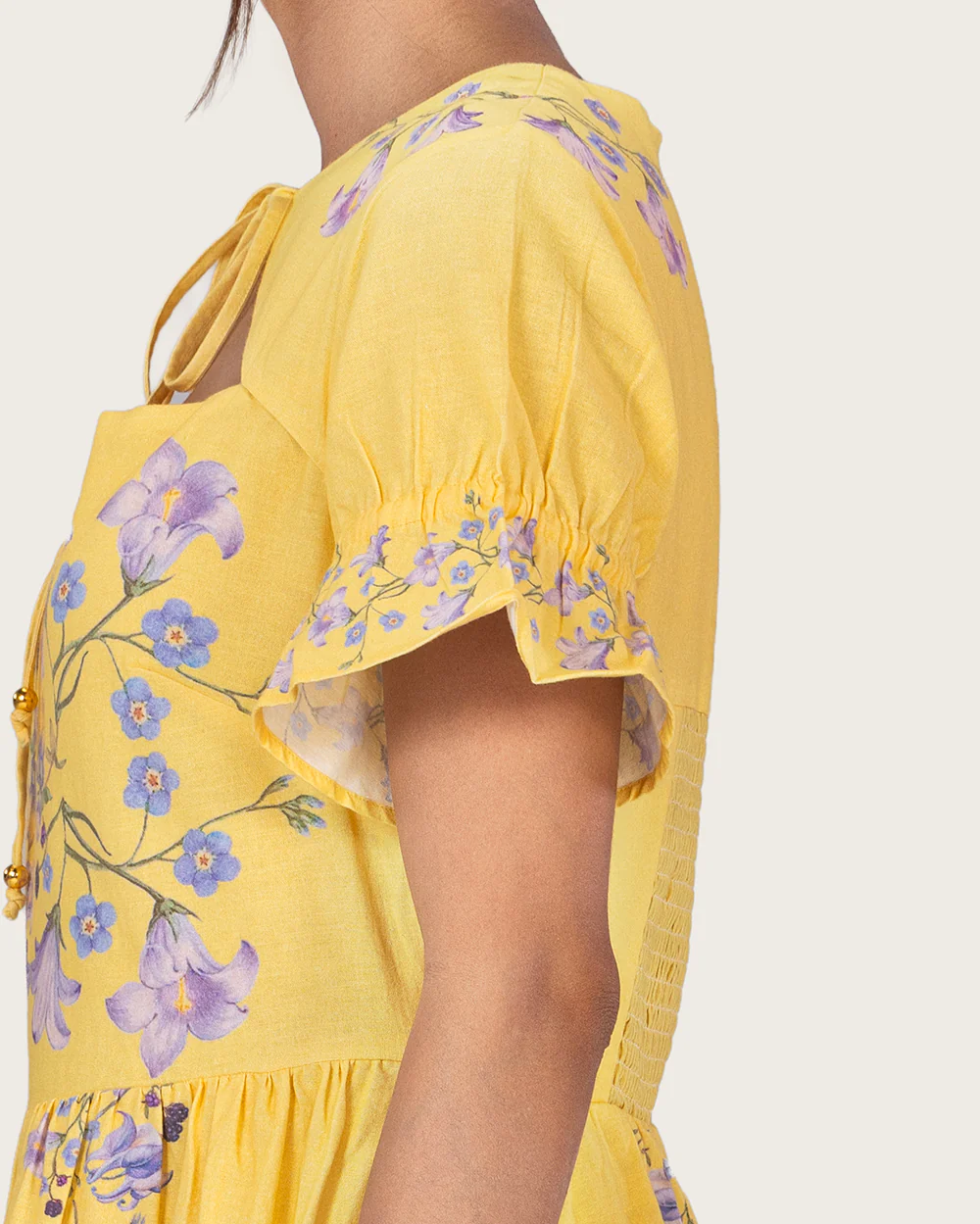 Yellow Linen Floral Midi Dress with Cape Like Detail - Image 7