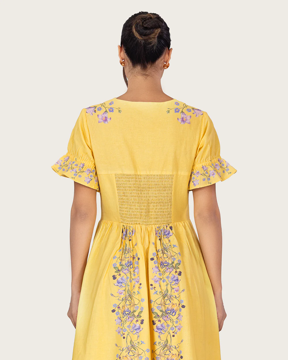 Yellow Linen Floral Midi Dress with Cape Like Detail - Image 8