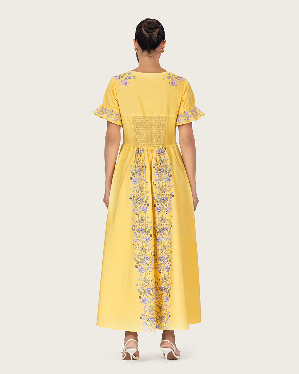 Yellow Linen Floral Midi Dress with Cape Like Detail - Image 9